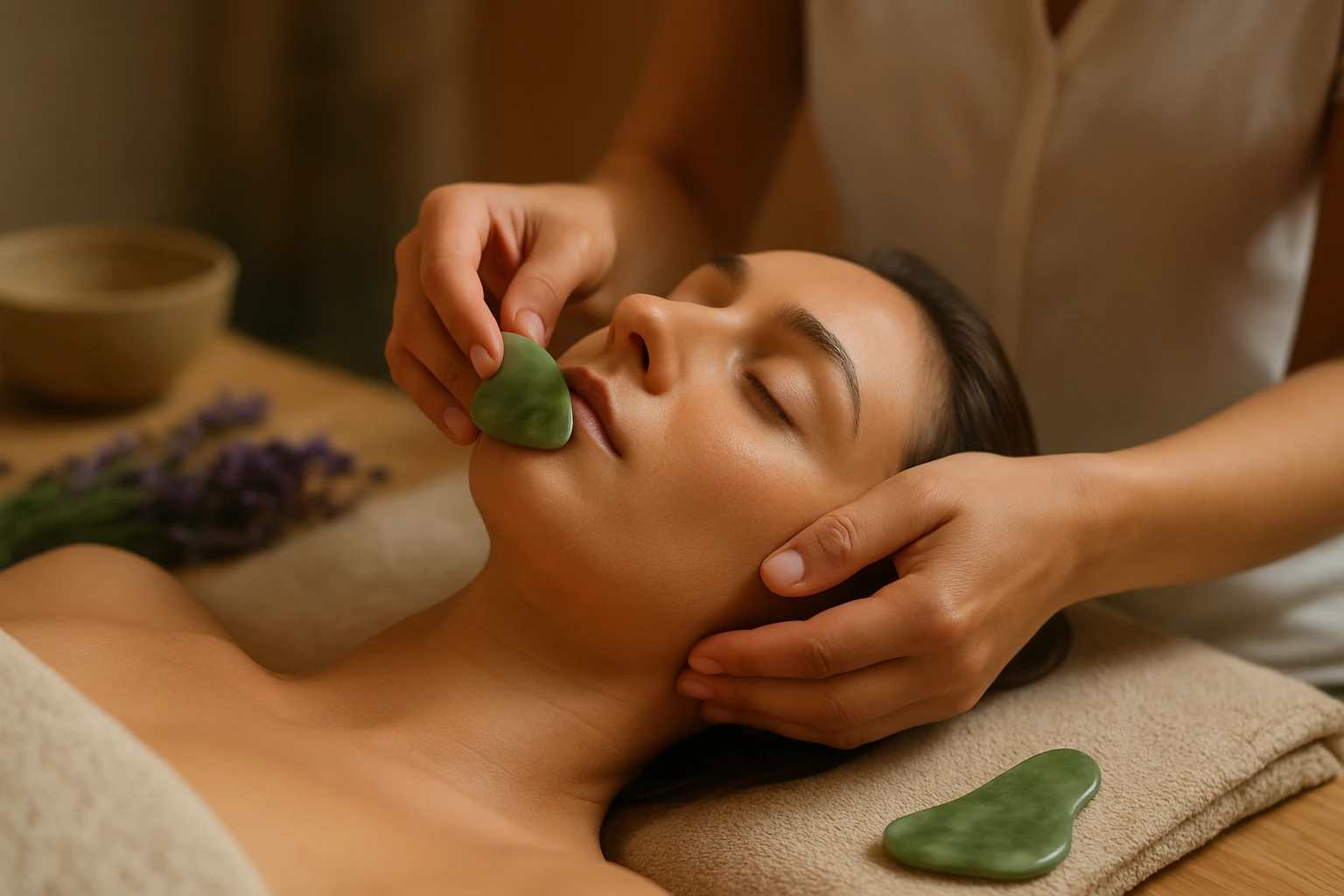Egy nő relaxál, miközben jade masszázskövet használnak az arcán.