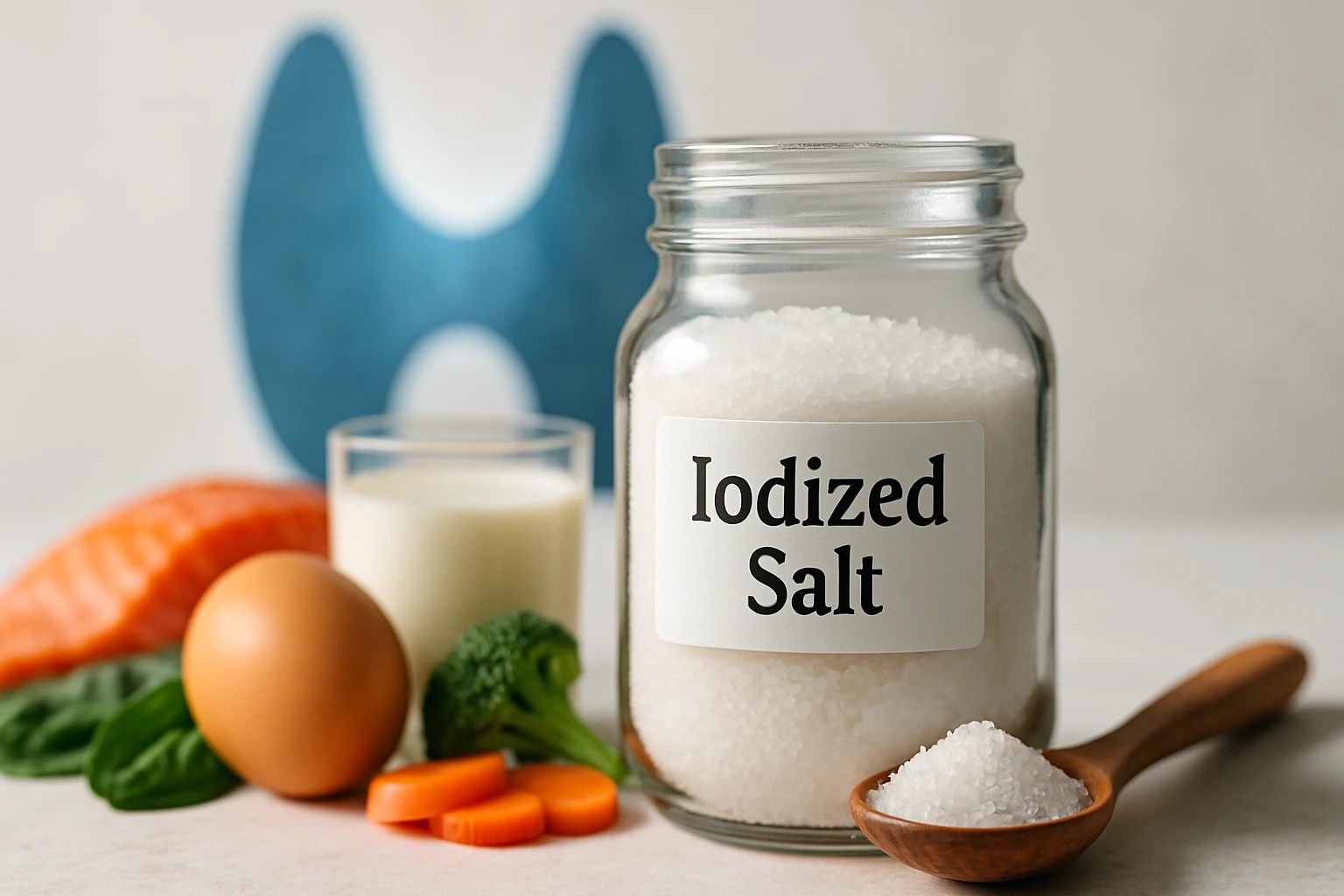 Egy üveg jódos só, mellette zöldségek, tojás és tej, egészséges ételek.