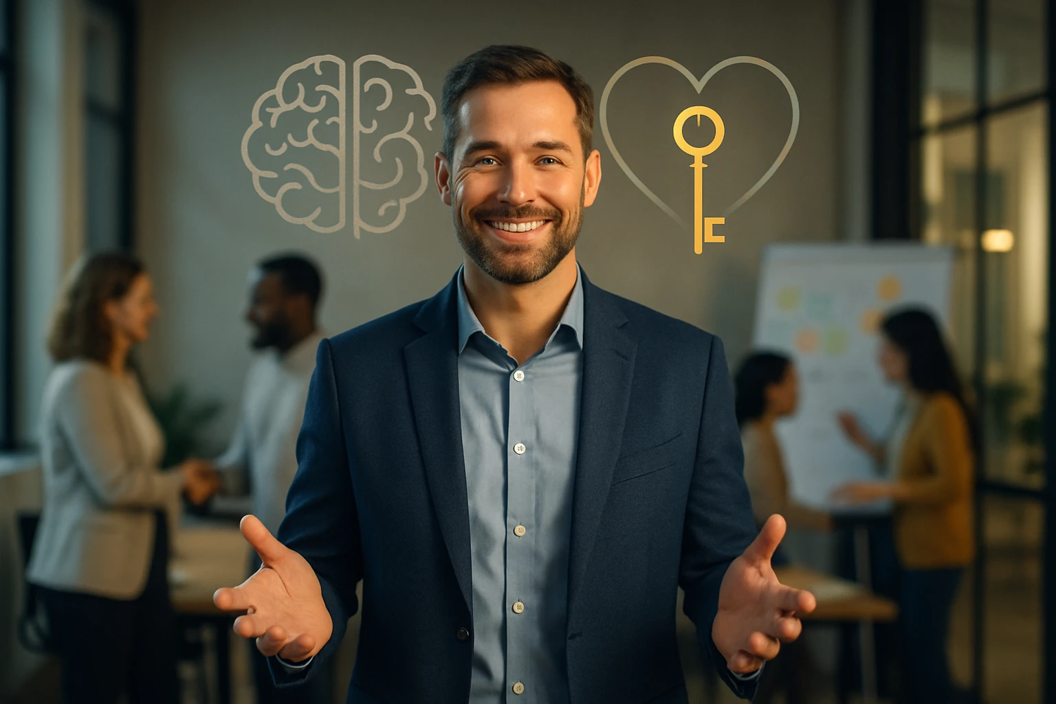 Egy mosolygó férfi áll a középpontban, háttérben emberek beszélgetnek.