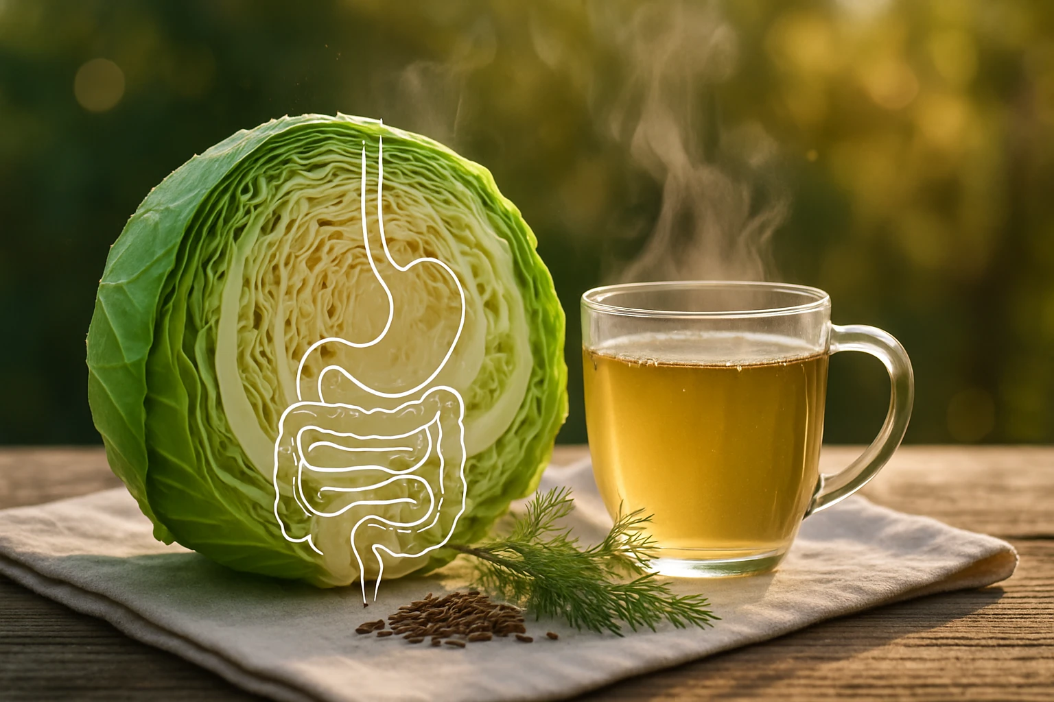 Friss káposzta félbevágva, mellette gőzölgő tea és fűszernövények.