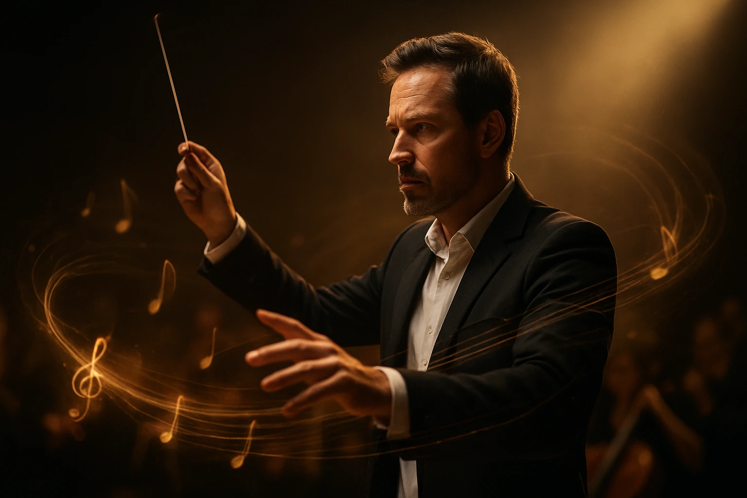 Egy karmester vezényel, kezében pálcával, zenei jegyek lebegnek körülötte.