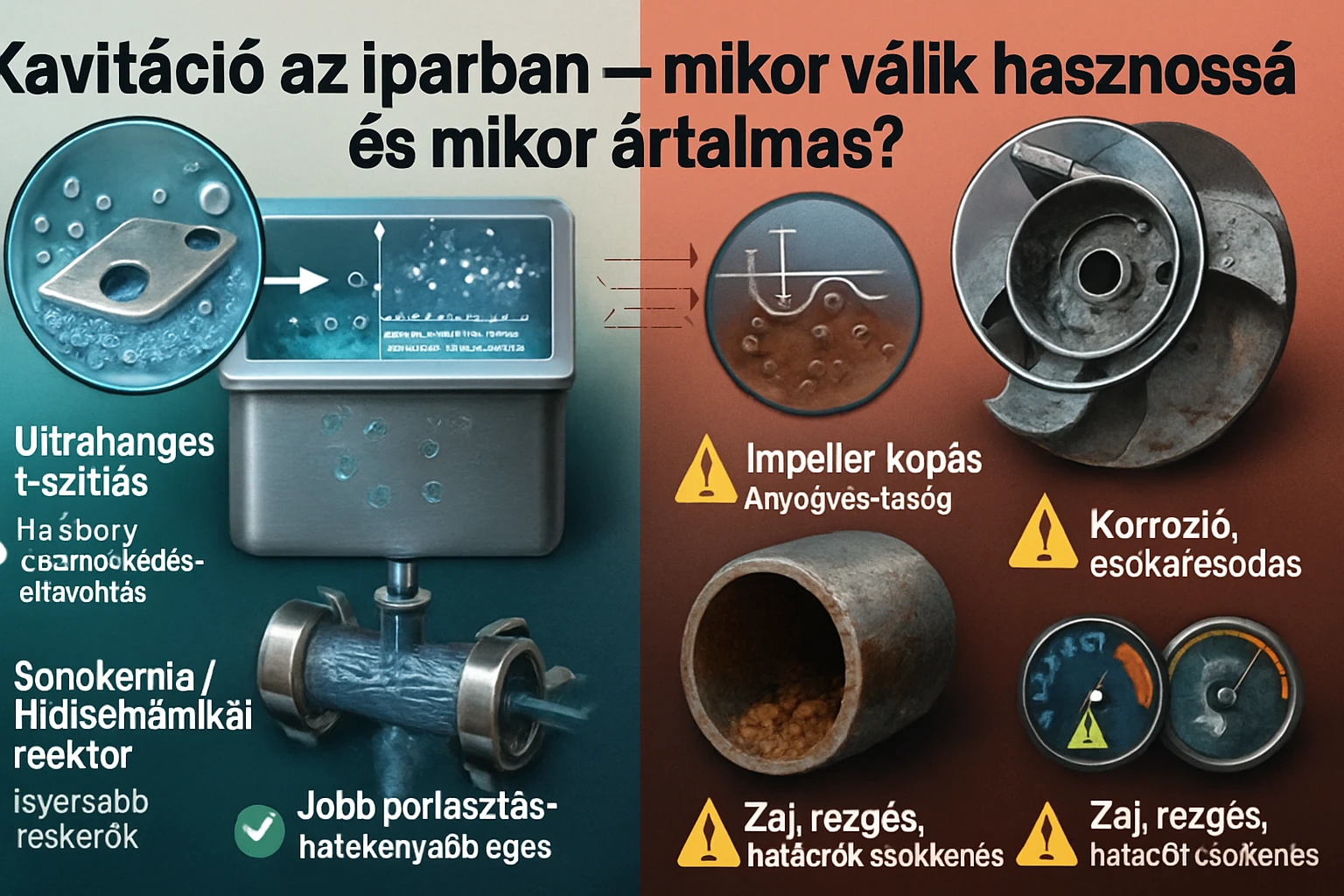 Két különböző ipari alkalmazás bemutatása, az ultrahangos tisztítás és a kavitáció hatásai.