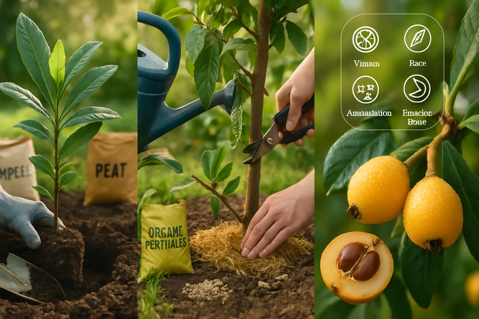 Kertészeti tevékenység: ültetés, öntözés és metszés folyamatban.