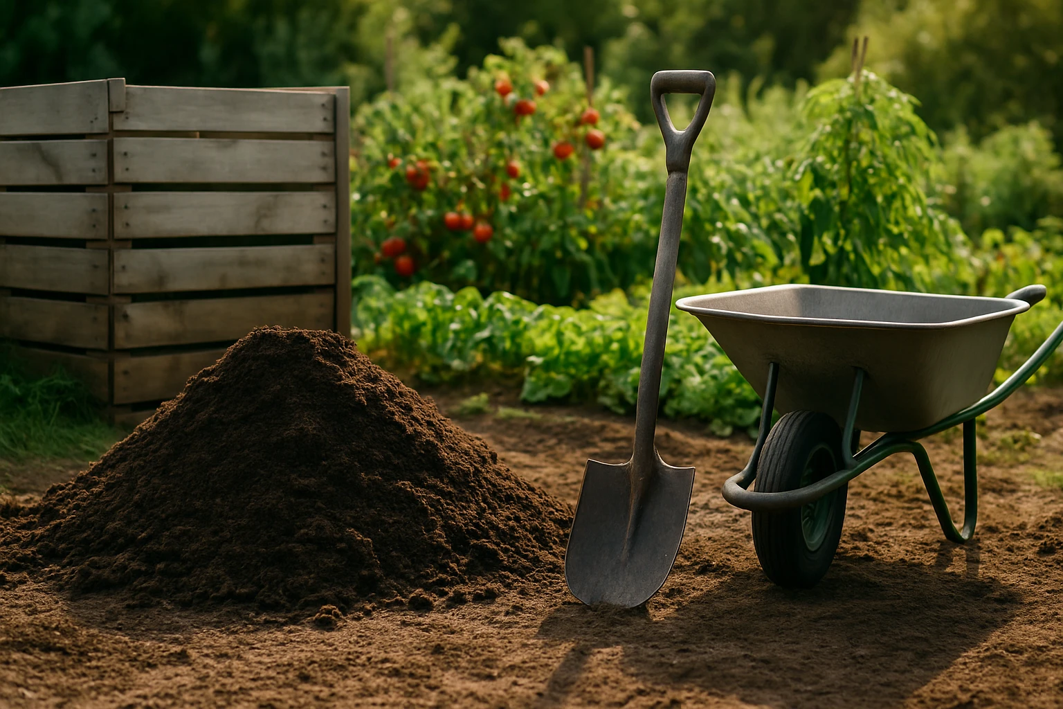 Egy ásó, egy talicska és egy földhalom látható a kertben.