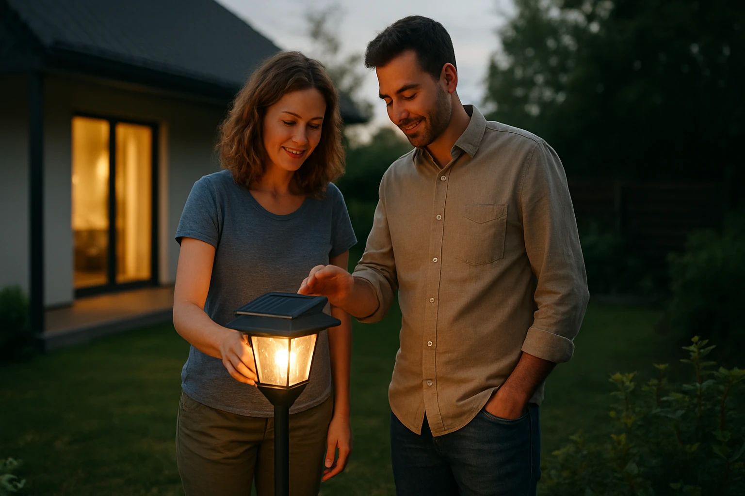 Egy pár a kertben egy lámpát néz, miközben sötétedik.