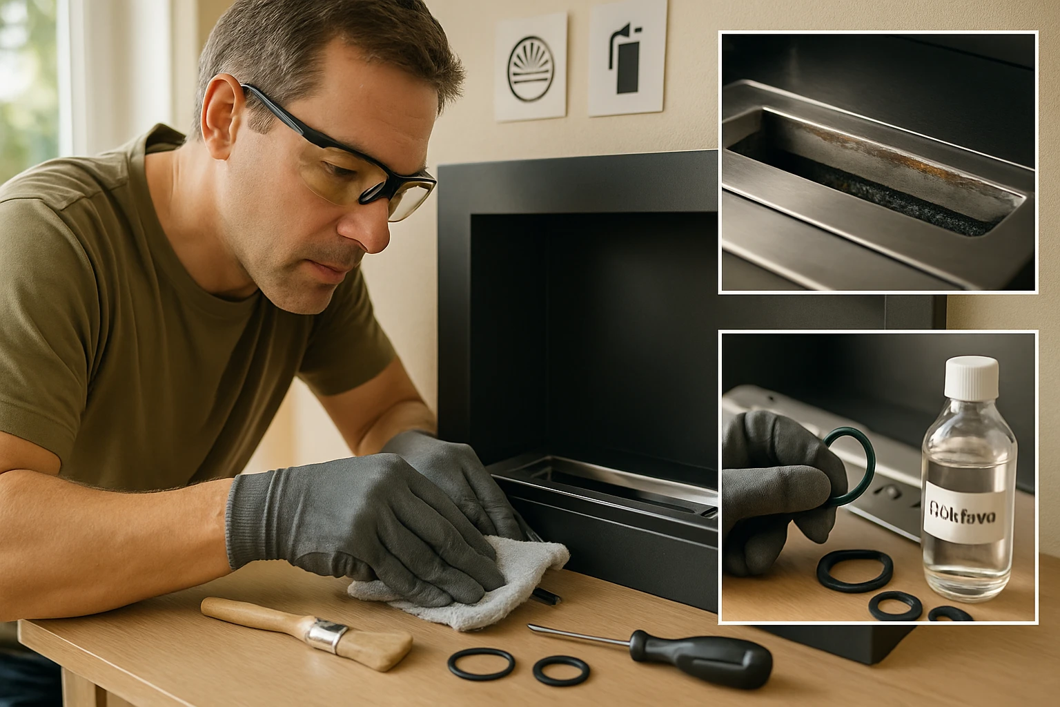 Egy férfi kesztyűben és védőszemüvegben egy készüléket tisztít, szerszámokkal és alkatrészekkel dolgozik.