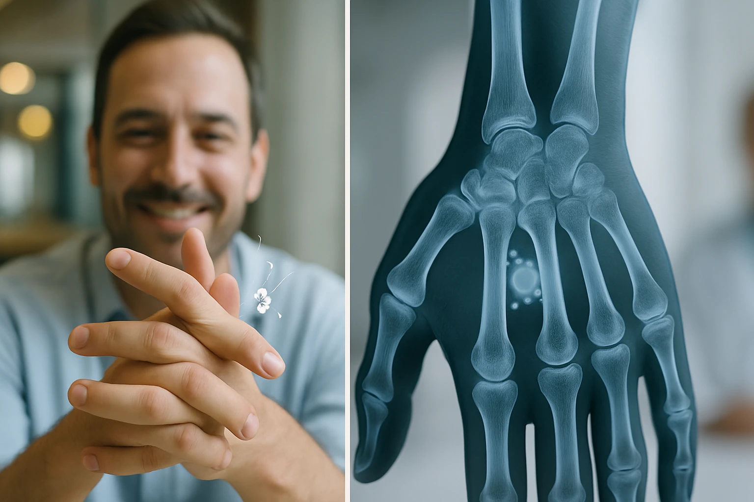 Egy mosolygó férfi kezei, amelyek között egy virág látható, háttérben egy röntgenkép a kéz csontjairól.