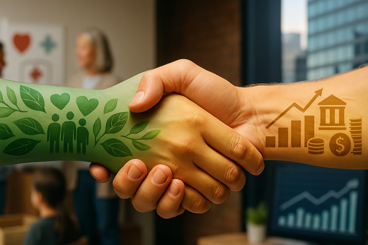 Két kéz szorosan fogja egymást, az egyik zöld levelekkel és szimbólumokkal díszített.