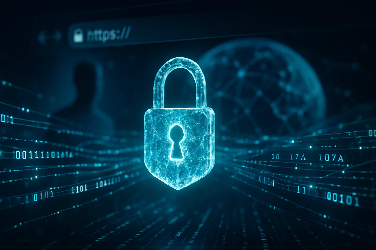 Digitális lakat szimbólum, amely a kiberbiztonságot jelképezi, háttérben kódolt adatokkal.