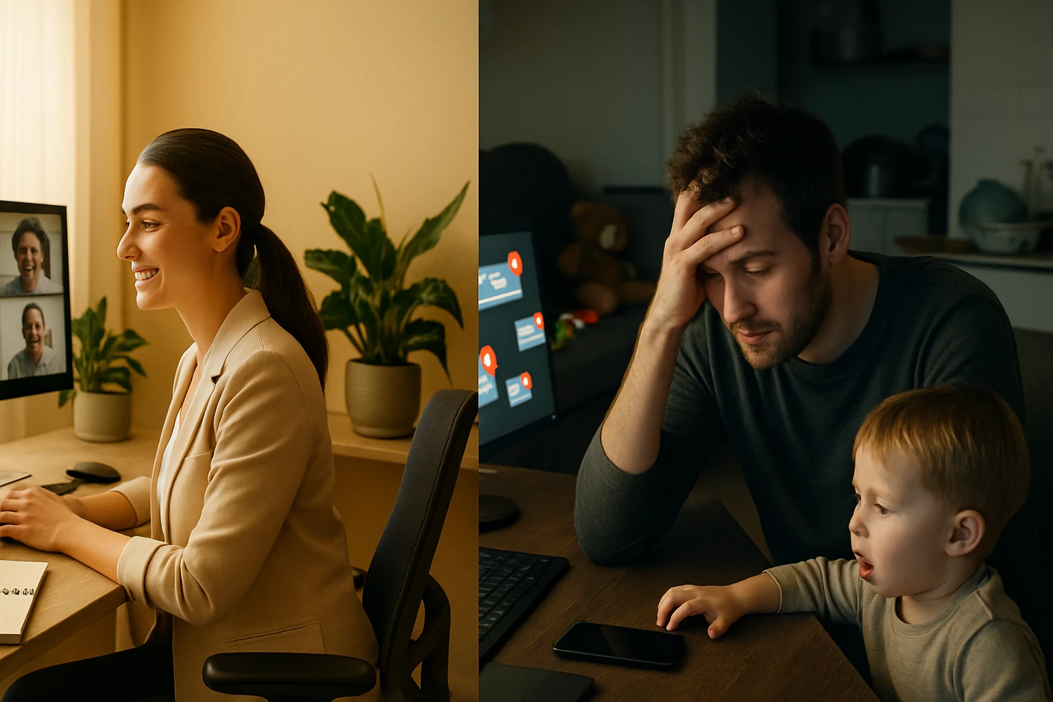 Egy nő mosolyogva videóhívást folytat, míg egy férfi fáradtan néz a számítógépére, mellette egy kisgyerek.