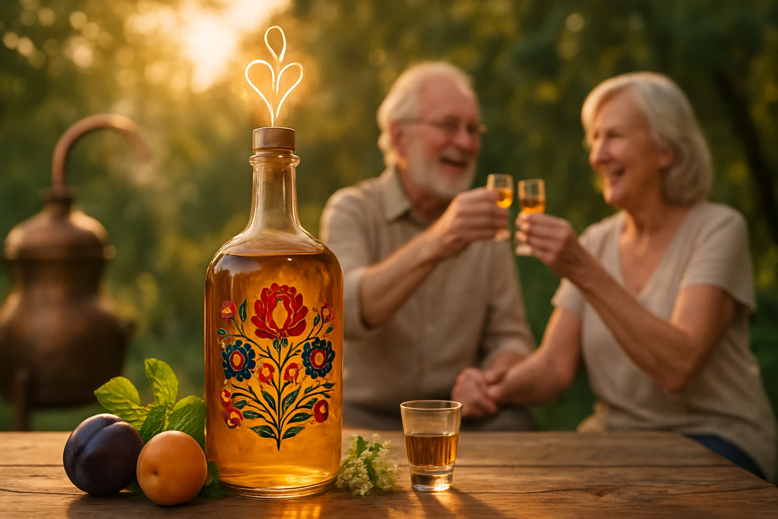 Két idős ember koccint egy üveg gyümölcspálinkával a természetben.