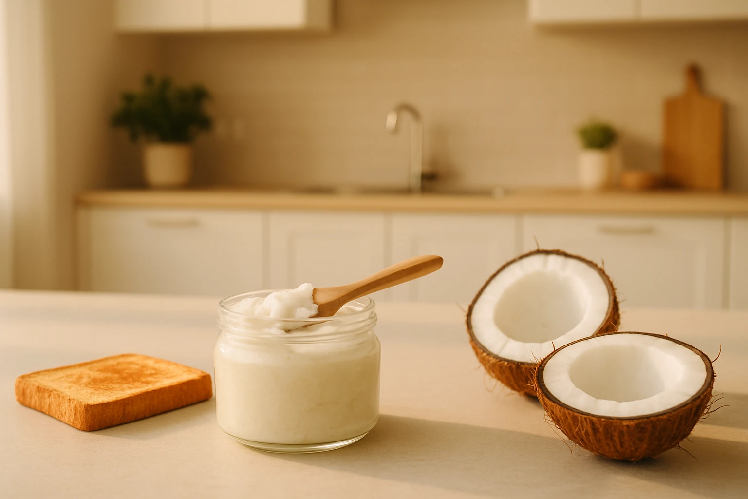 Egy üveg kókuszkrém, mellette egy szelet pirítós és kettévágott kókuszdió.