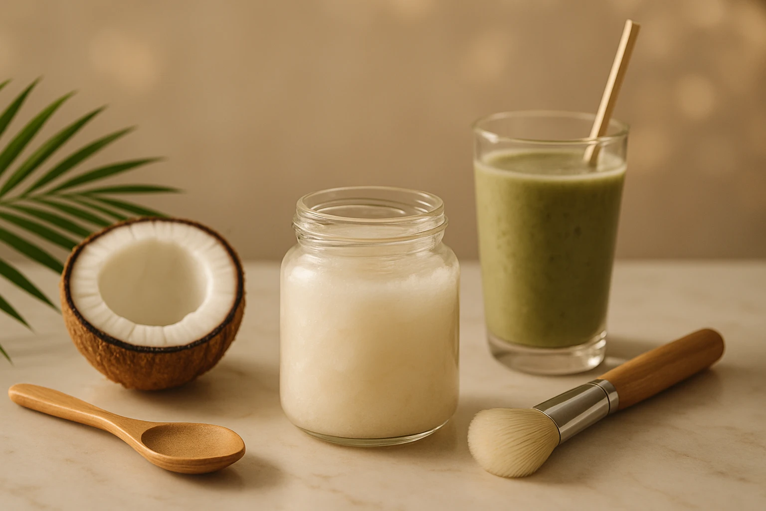 Egy üveg kókuszolaj, félbevágott kókuszdió, zöld smoothie és ecset.