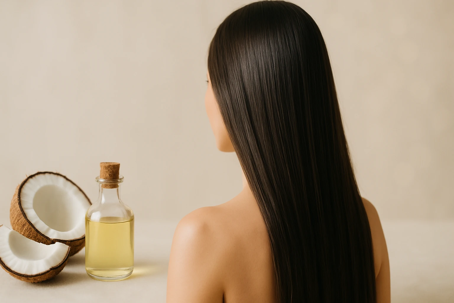 Hosszú, sima haj, mellette kókuszdió és kókuszolaj üveg.