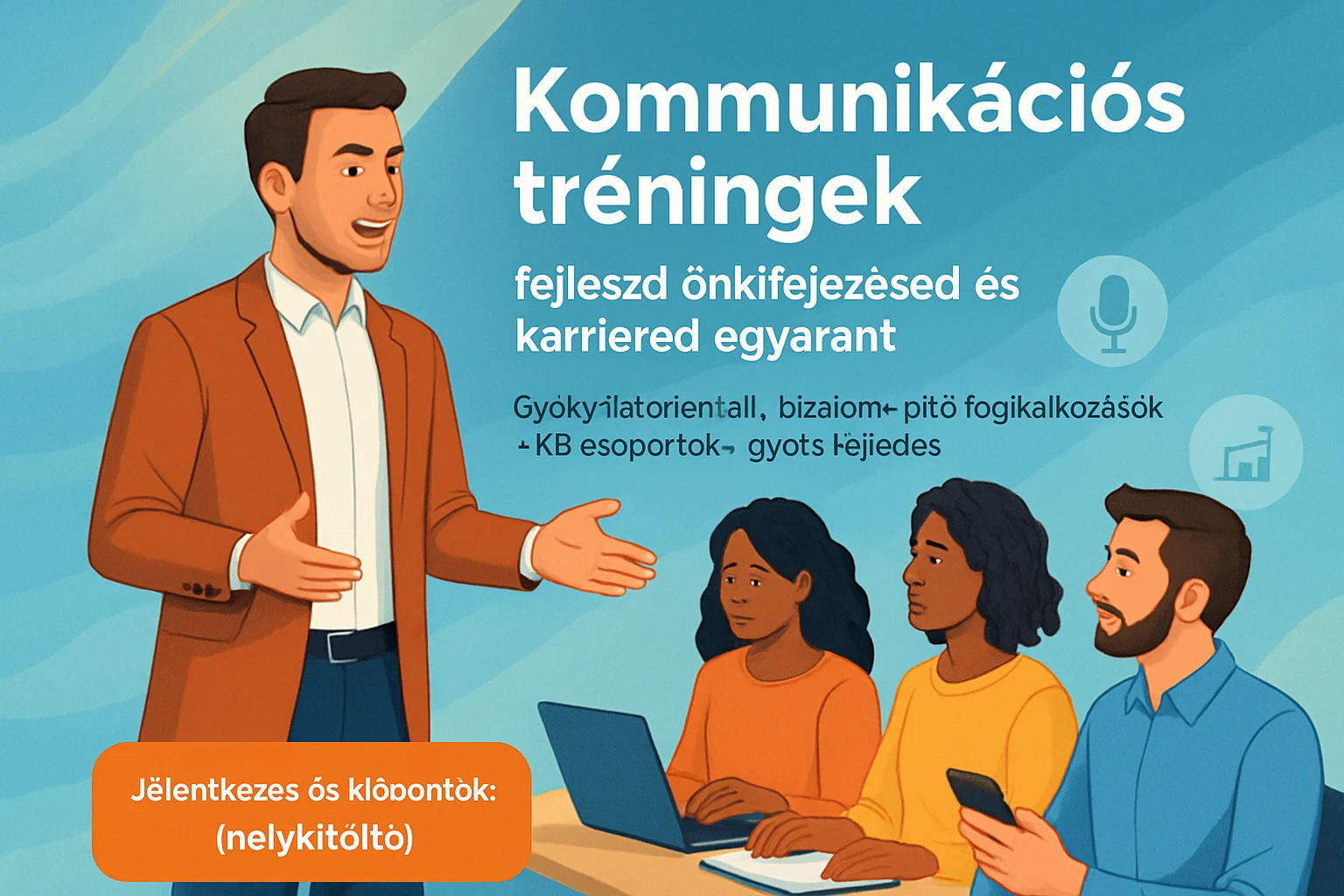 Egy férfi kommunikációs tréninget tart, három résztvevő figyel rá.