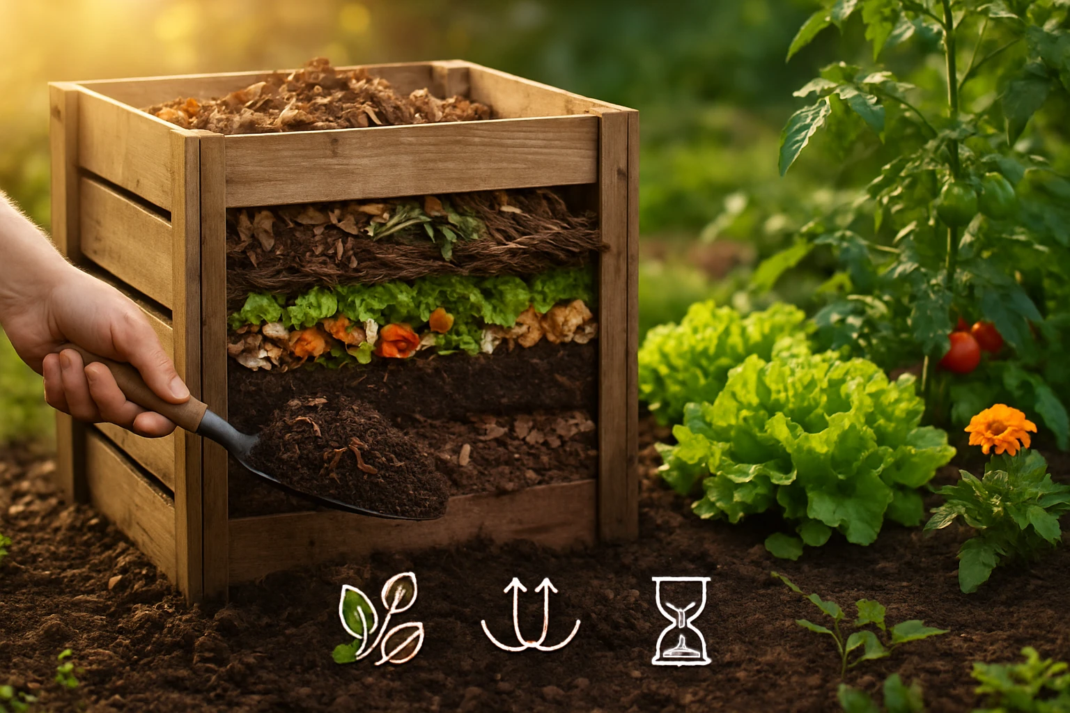 Egy komposztáló láda, rétegezett zöldségekkel és növényi hulladékkal.