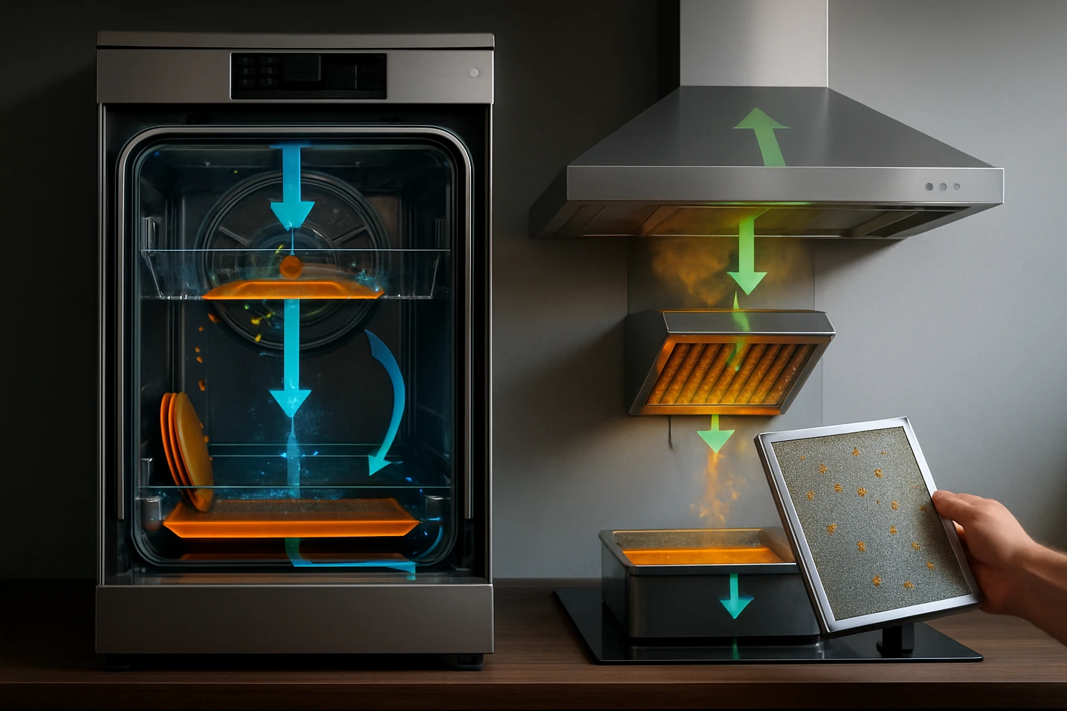 Modern konyhai berendezések, mosogatógép és páraelszívó működési elve.