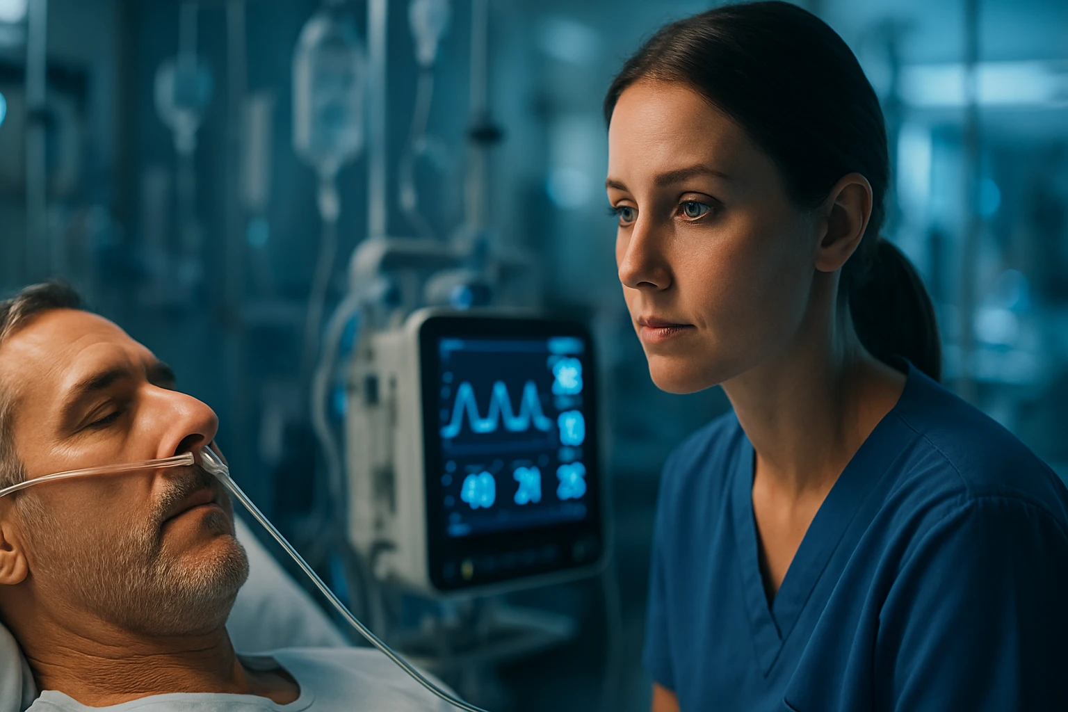 Egy nővér figyelmesen nézi a kórházban fekvő beteget, aki oxigénnel van ellátva.