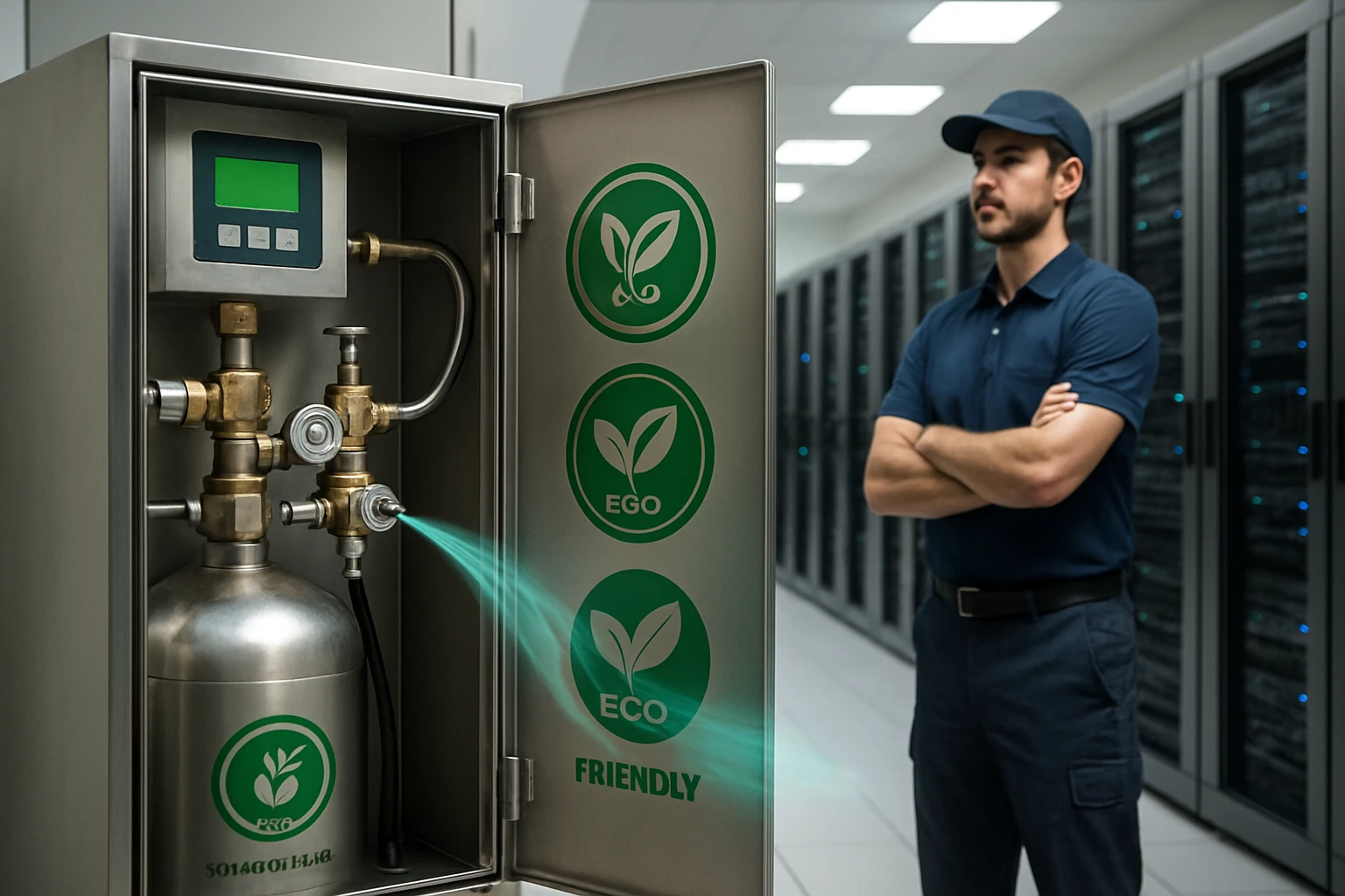 Egy férfi áll egy zöld logókkal ellátott, nyitott szekrény előtt, amelyben gázpalack található.