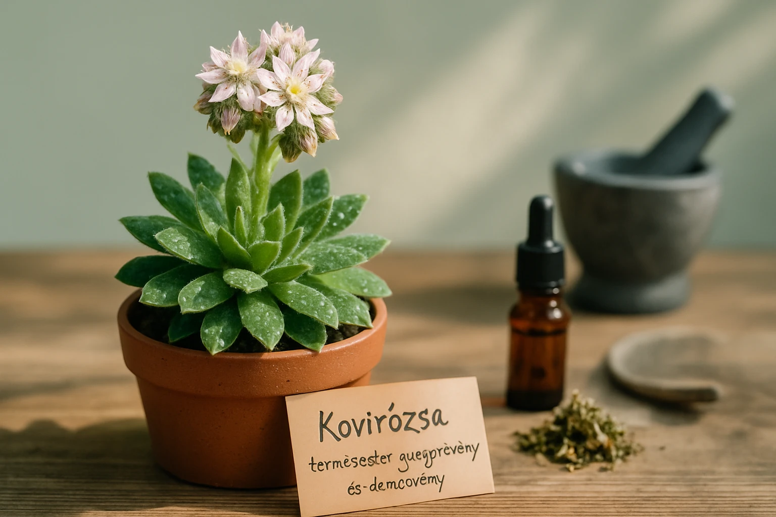 Kovirózsa növény virágokkal, barna cserépben, mellette gyógynövények és olaj