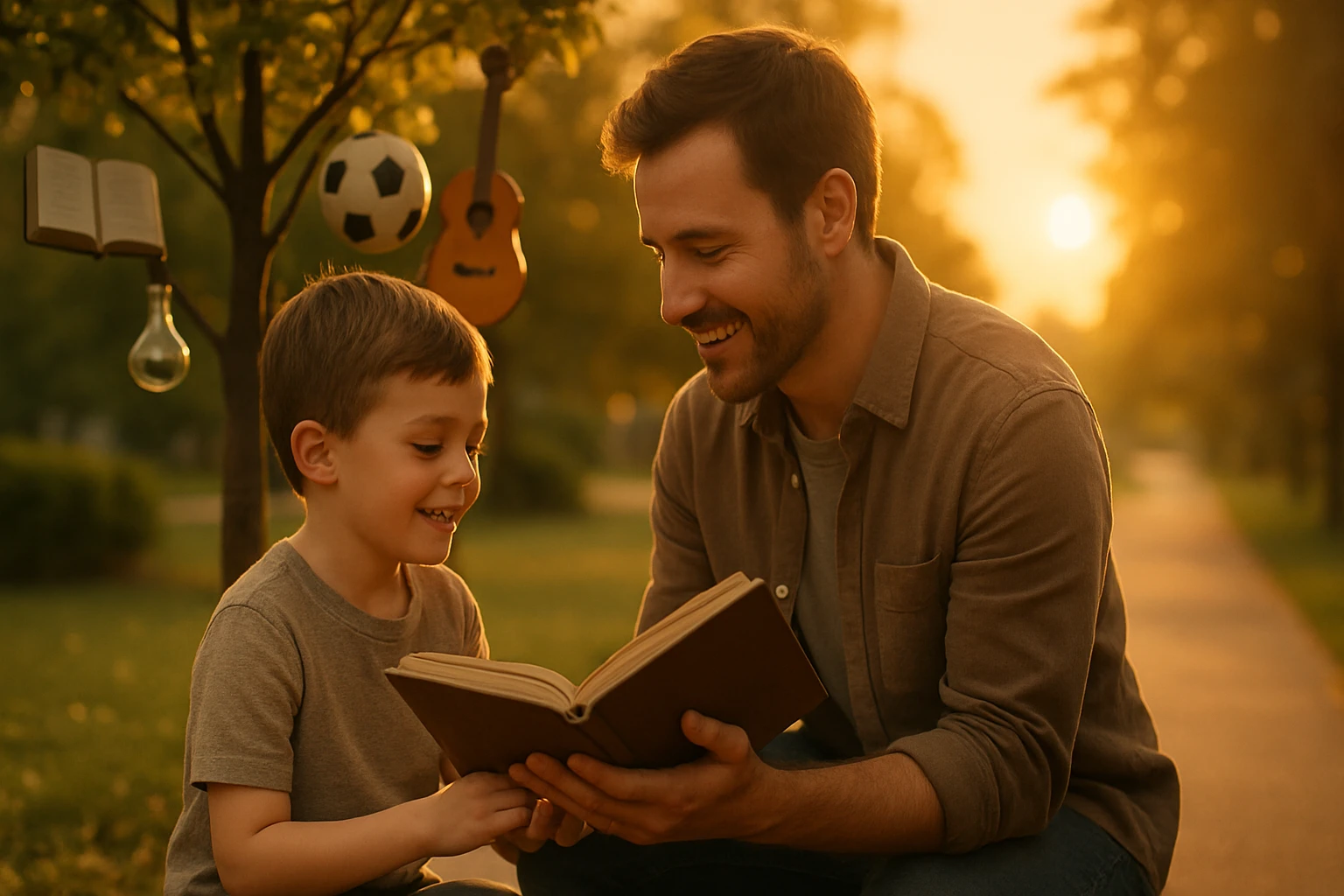 Egy apa és fia együtt olvasnak egy könyvet a parkban, naplementében.