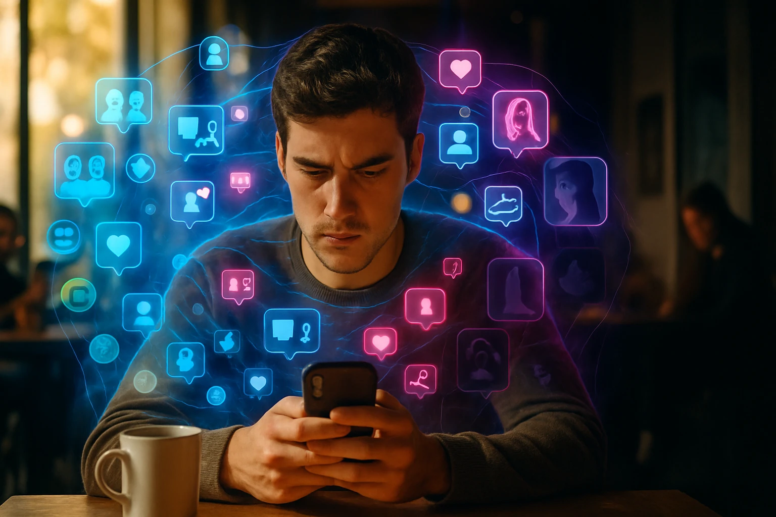 Egy fiatal férfi a telefonját nézi, körülötte színes közösségi média ikonok lebegnek.