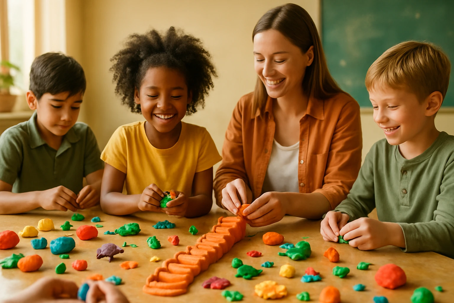 Gyerekek és egy felnőtt színes gyurmával játszanak az asztalnál.