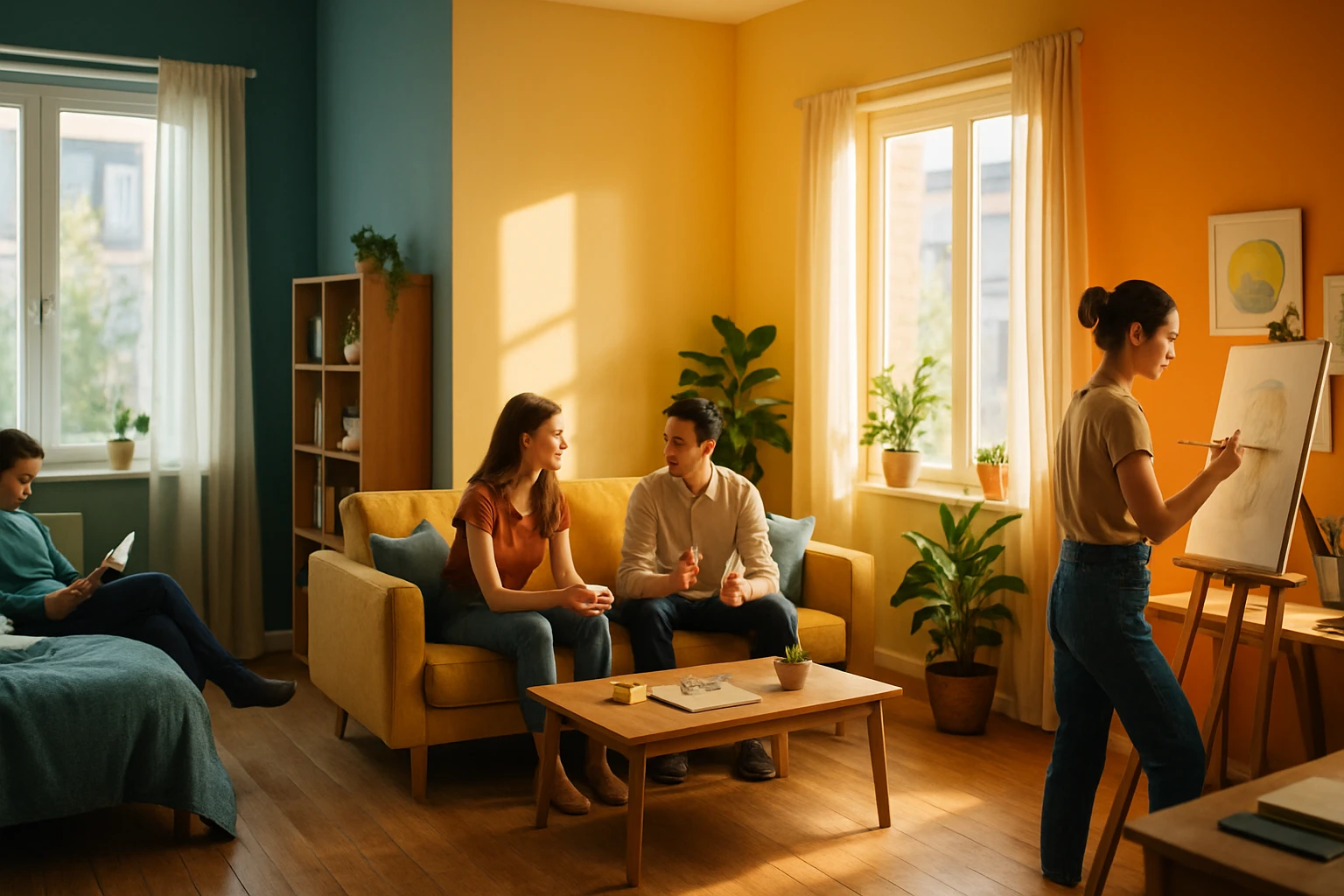 Két fiatal beszélget egy sárga kanapén, míg egy nő fest a háttérben.