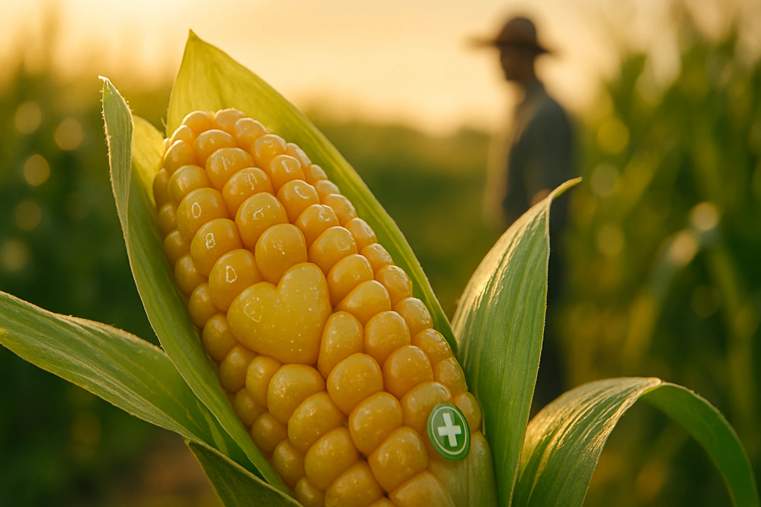 Egy érett kukorica csöve, szív alakú szemekkel, háttérben egy gazda.