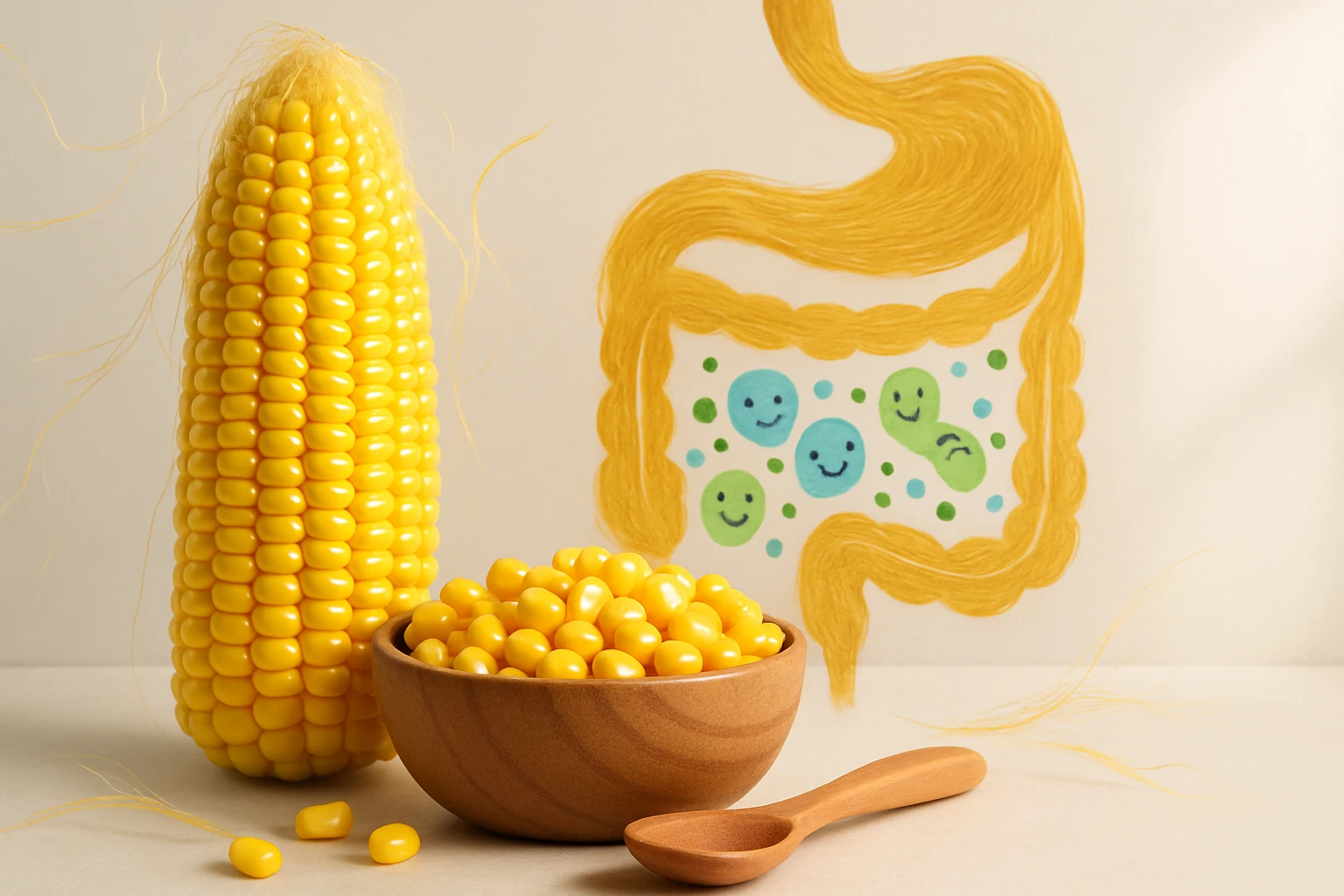 Egy tál sárga kukorica és egy kukorica cső, háttérben egy rajzolt emésztőrendszer.