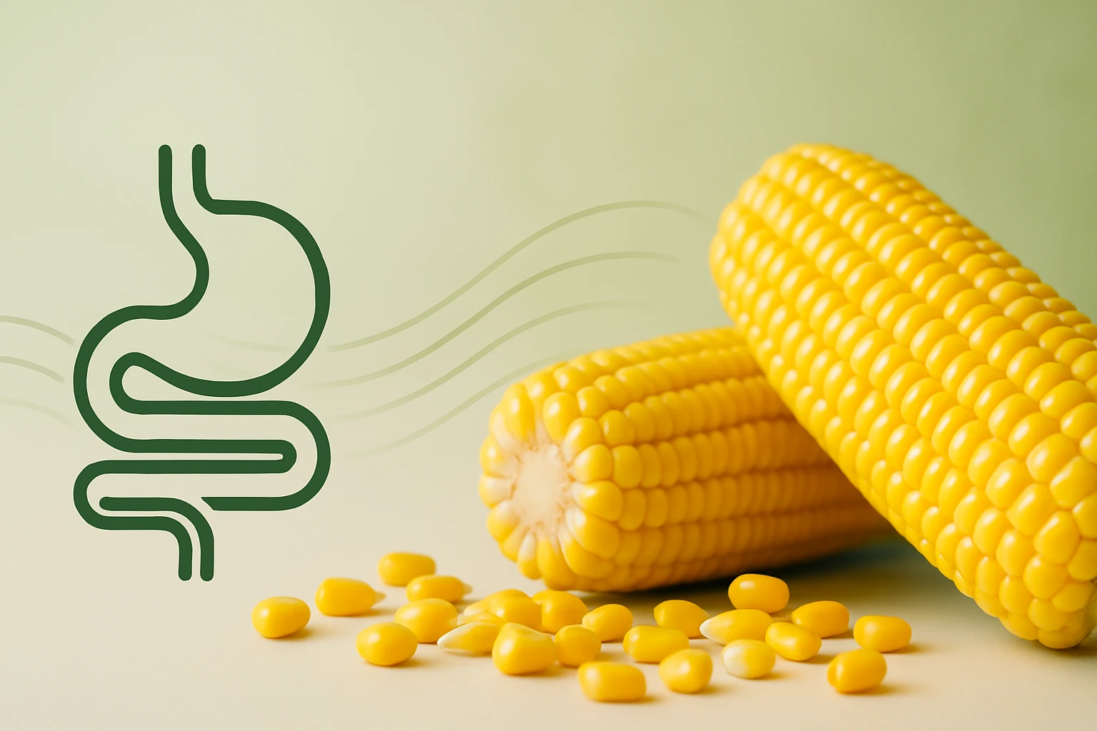Két sárga kukorica cső és néhány szem kukorica, emésztést szimbolizáló grafikával.