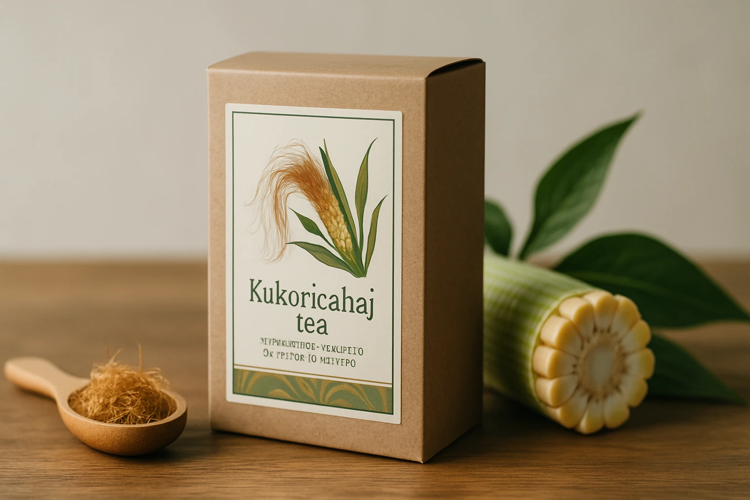 Kukoricahaj tea csomagolása és egy kanál kukoricahaj a háttérben.