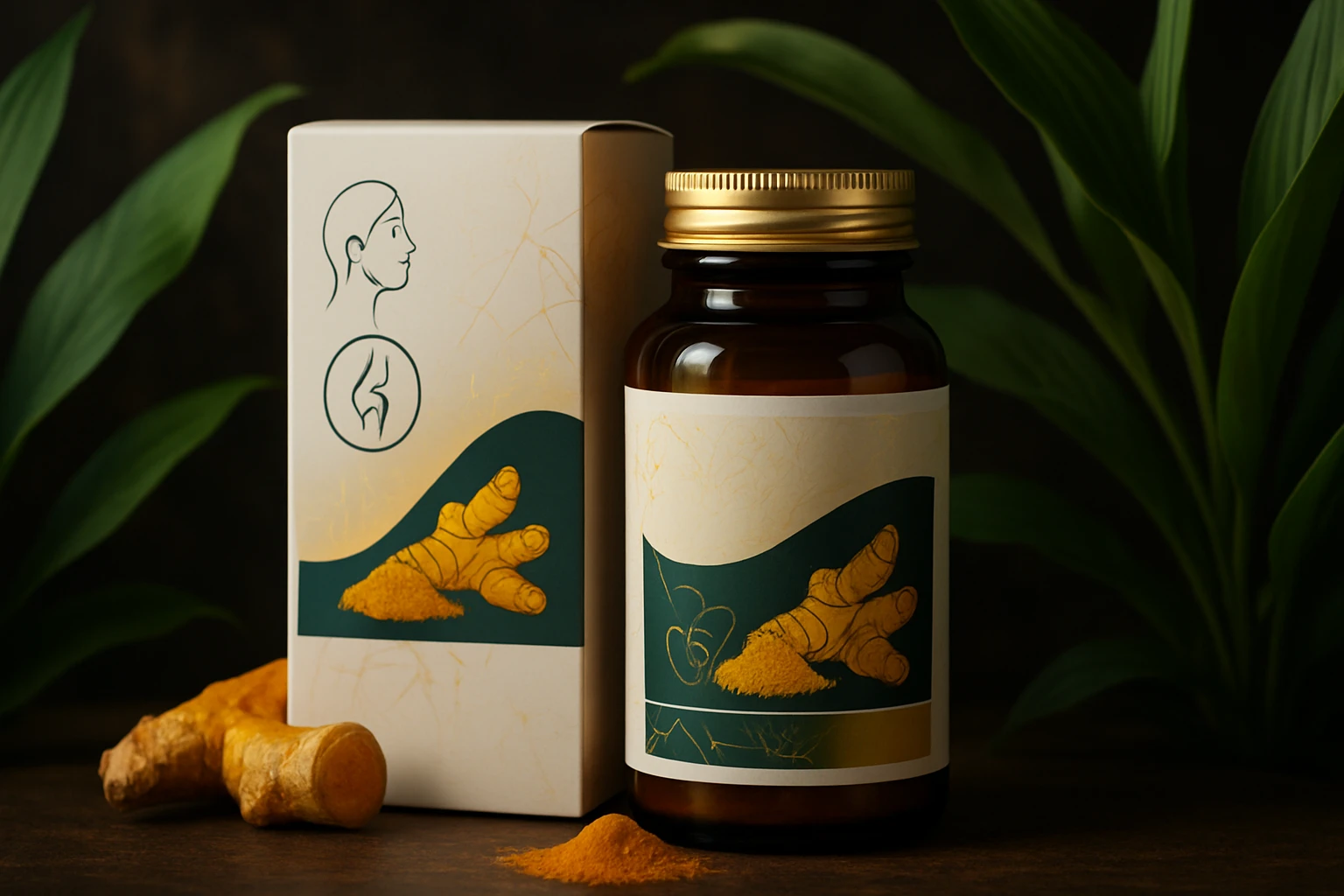 Egy üveg kurkuma kapszula, mellette friss kurkuma gyökér és por.