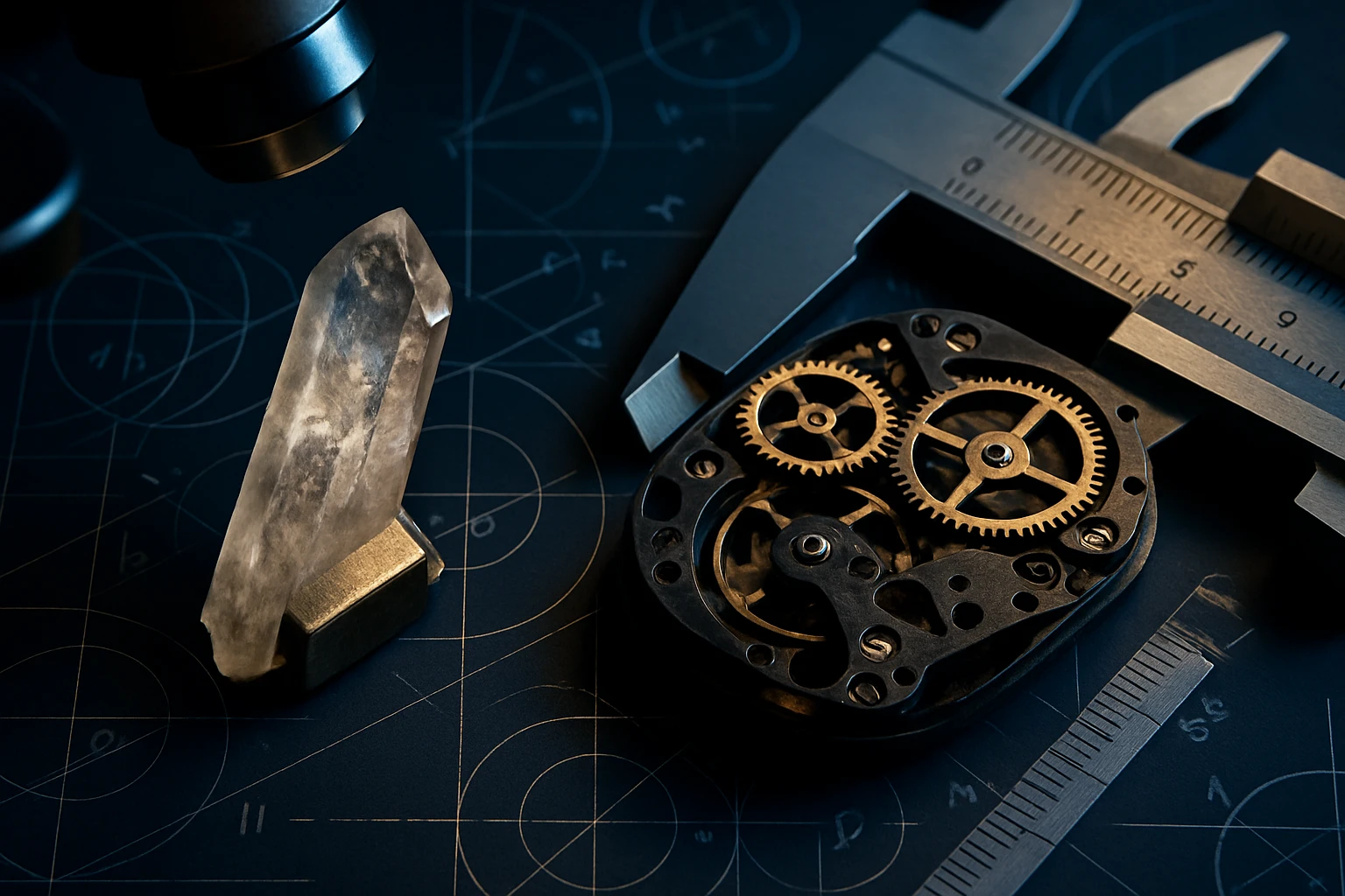 Egy kvarckristály és óraszerkezet alkatrészei egy sötét háttéren.