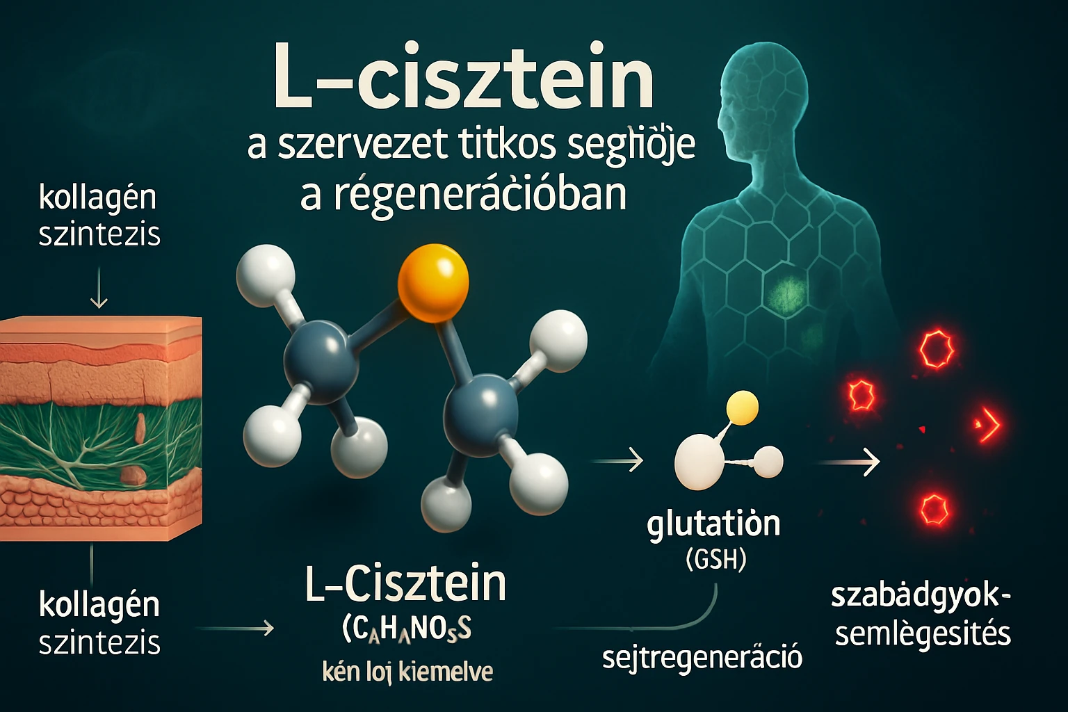 A L-cisztein molekula és a kollagén szintézis folyamatának ábrázolása.