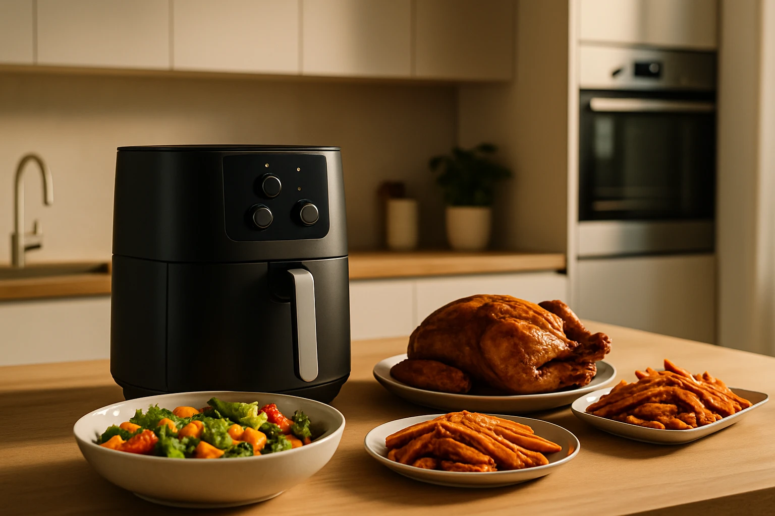 Egy modern légsütő, mellette sült csirke és köretek, zöldségek és édesburgonya.