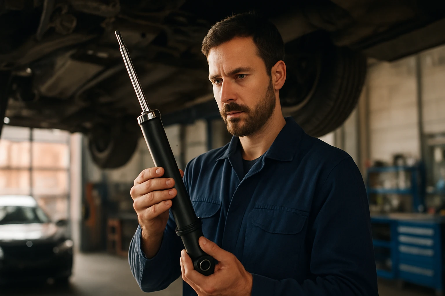 Egy férfi egy autószerelő műhelyben egy lengéscsillapítót vizsgál.