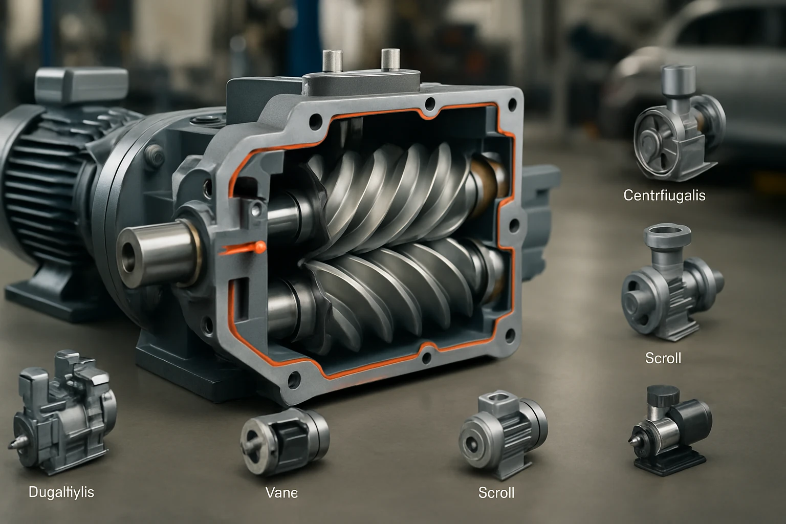 Egy levegőszivattyú részletes belső szerkezete, különböző alkatrészekkel.