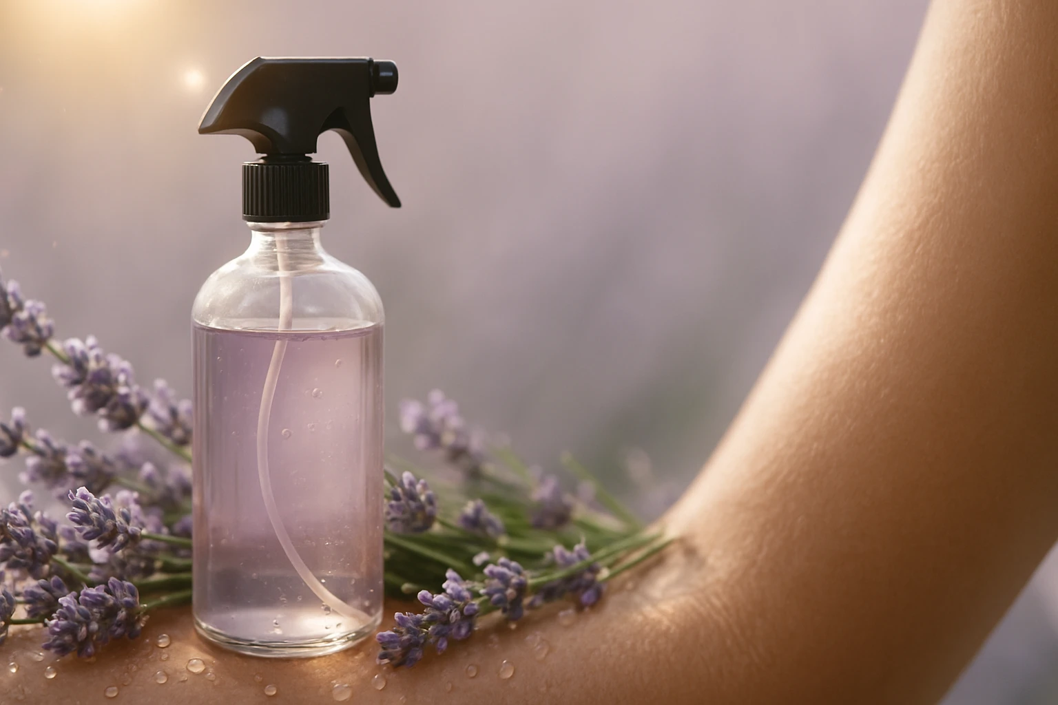 Egy levendula illatú spray üveg, mellette friss levendulavirágokkal.