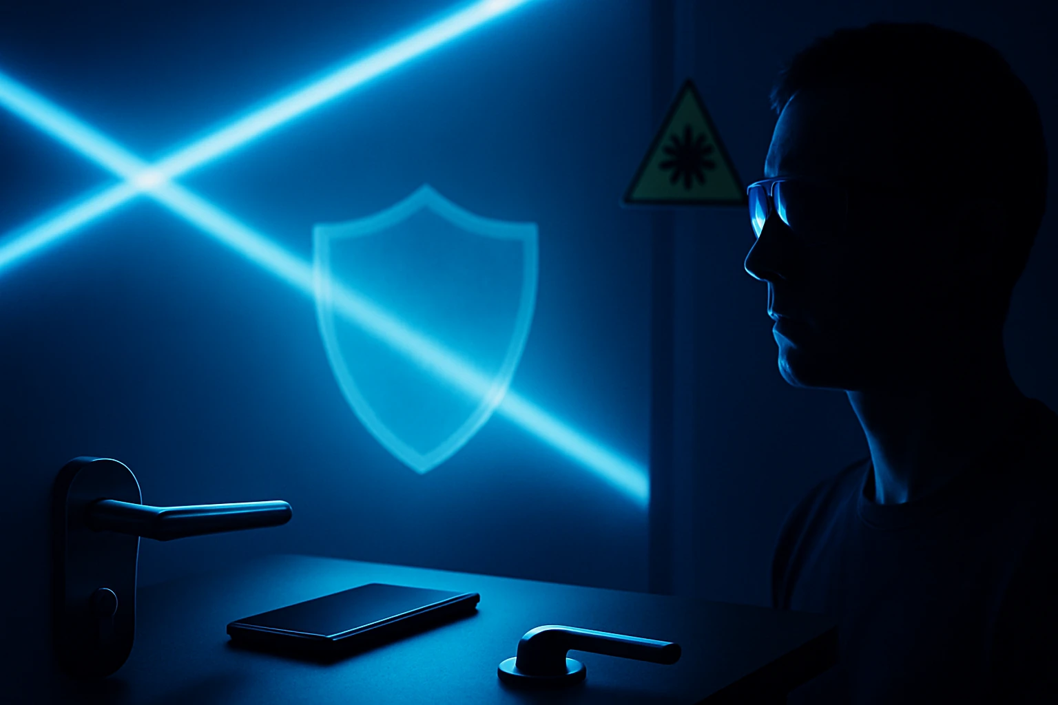 Egy férfi profilja látható, háttérben kék lézersugarak és pajzs szimbólum.