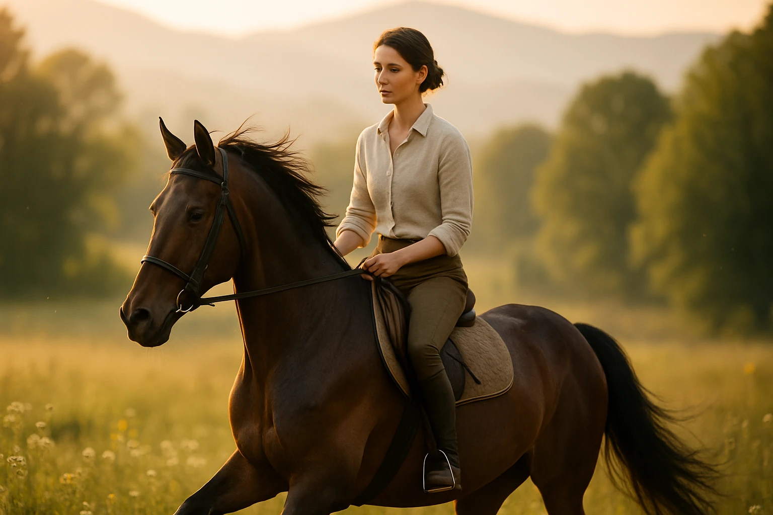 Lovaglás – testi és lelki harmónia a mozgásban 2 Egy nő lovagol egy barna lóval naplementében, zöld mezőn.