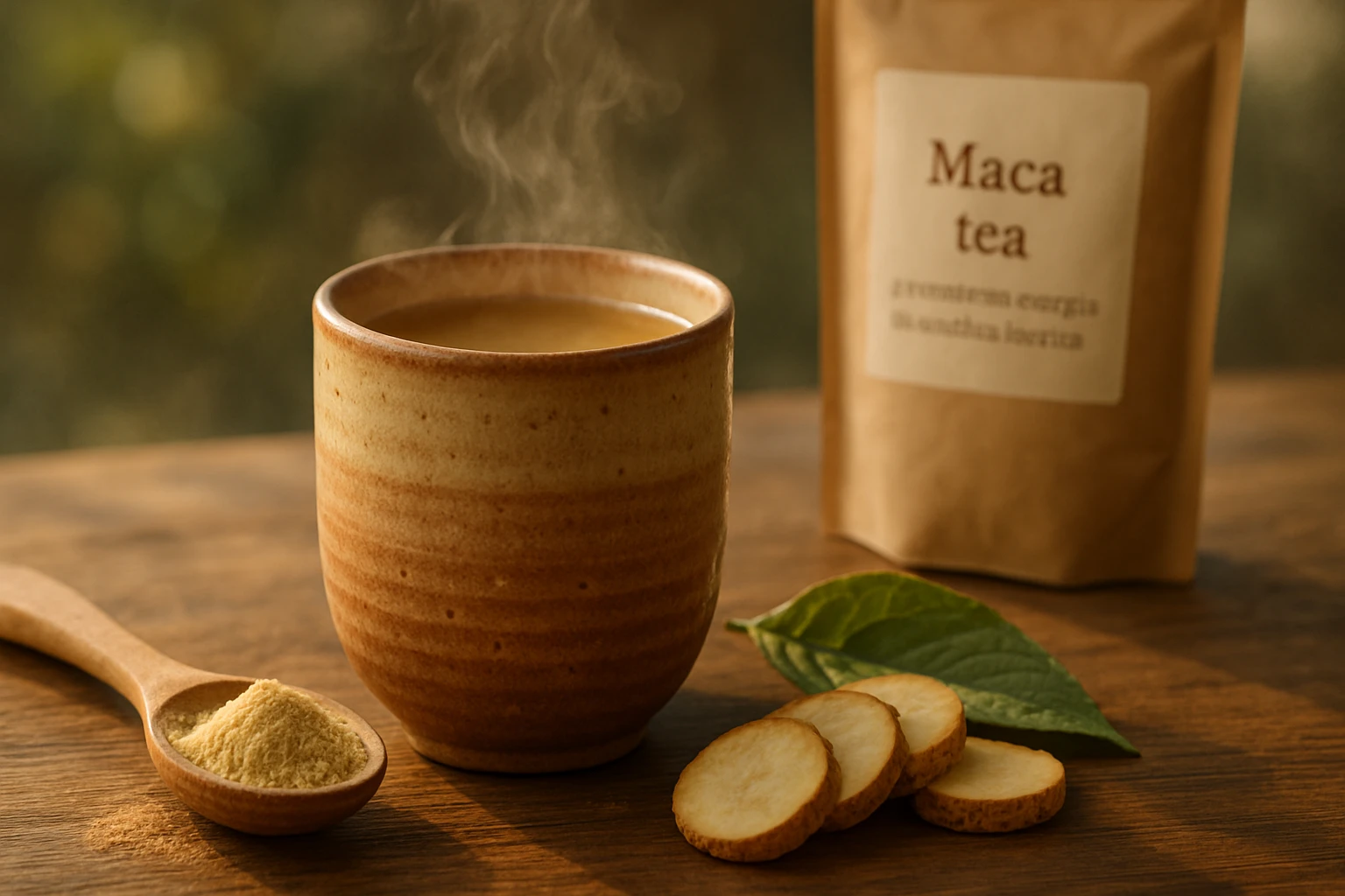Gőzölgő maca tea egy kerámia bögrében, mellette maca por és szeletek.