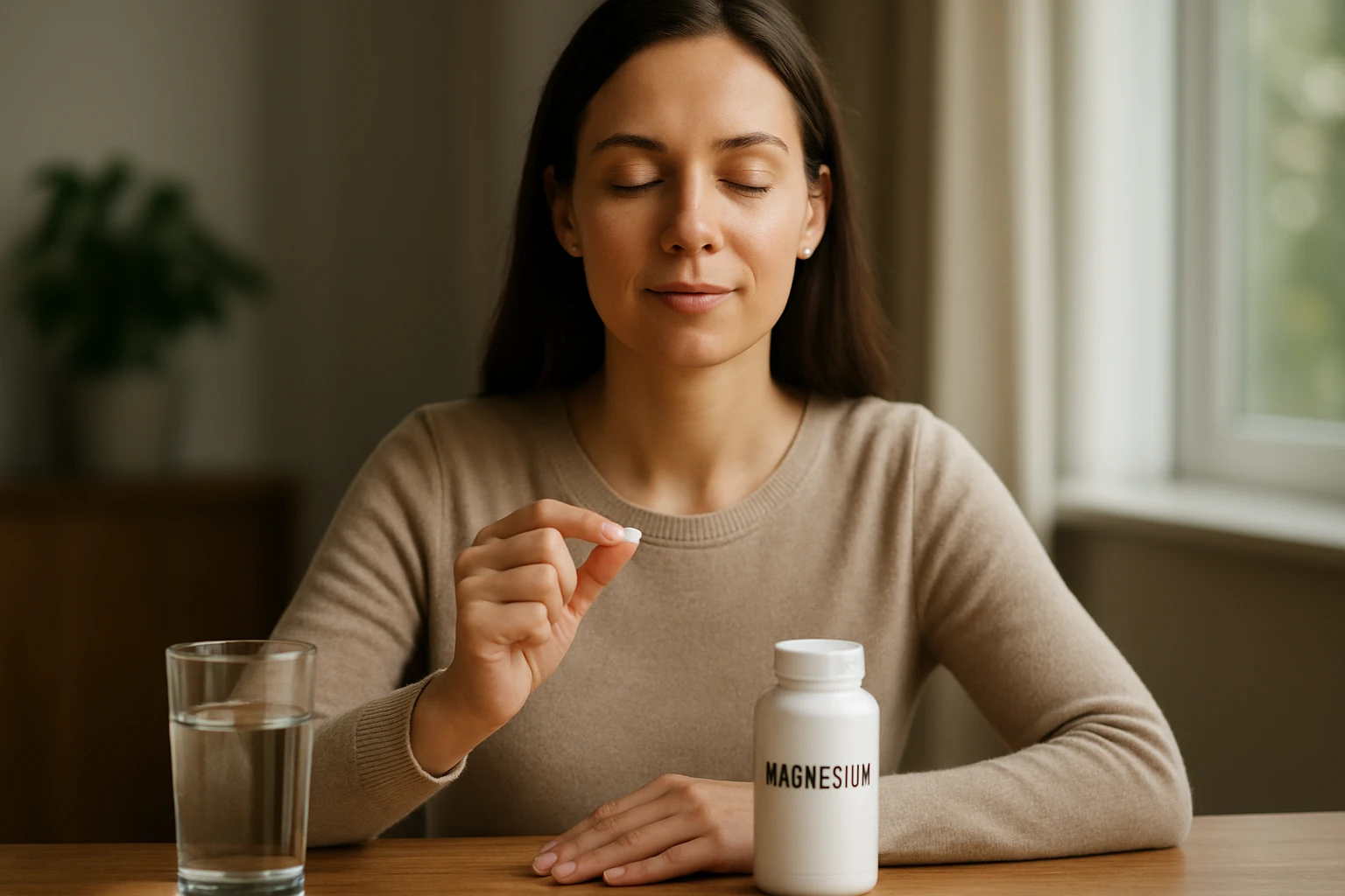 Egy nő magnézium tablettát tart a kezében, víz mellett ülve.