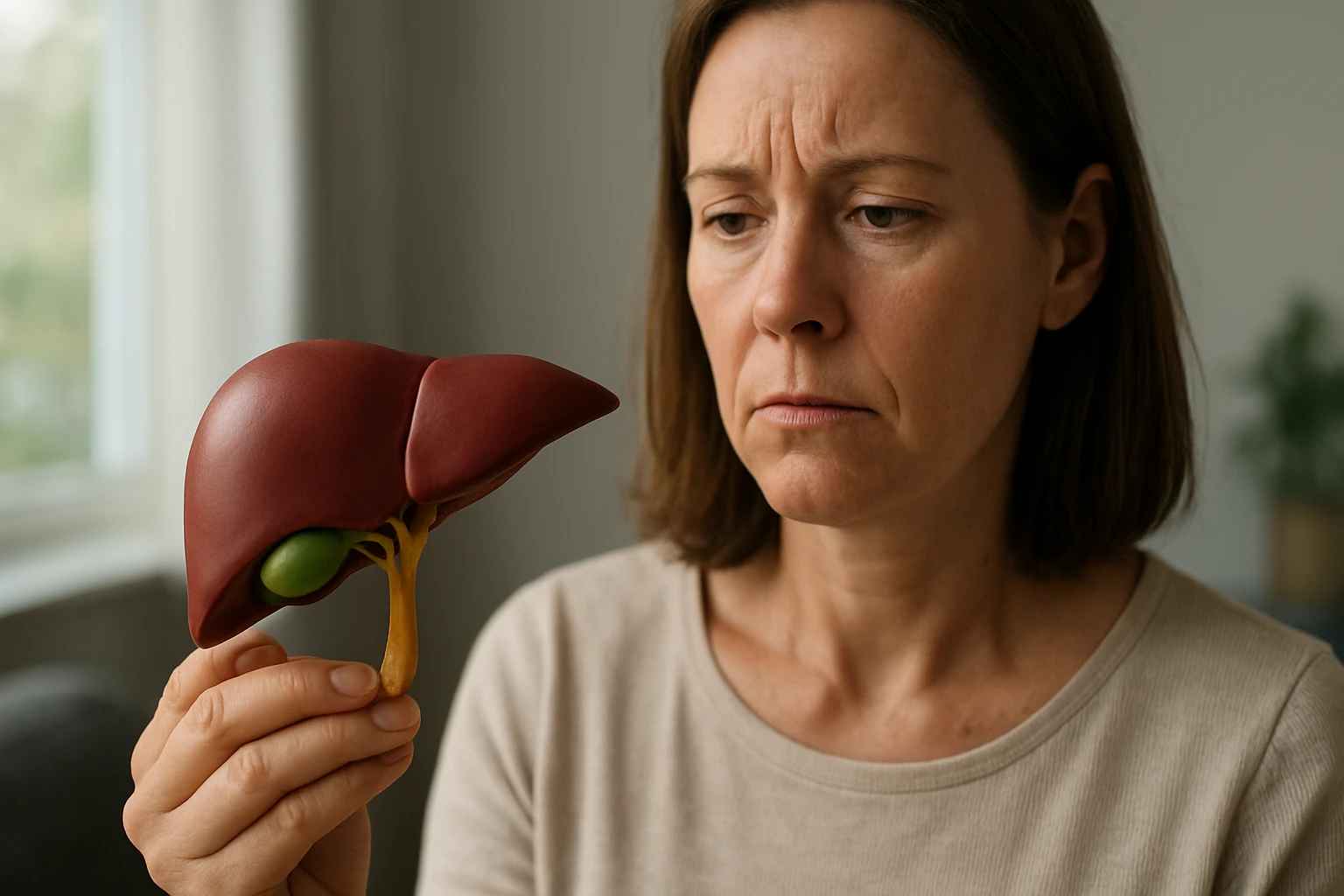 Egy nő figyelmesen nézi a kezében tartott, élethű májmodellt.