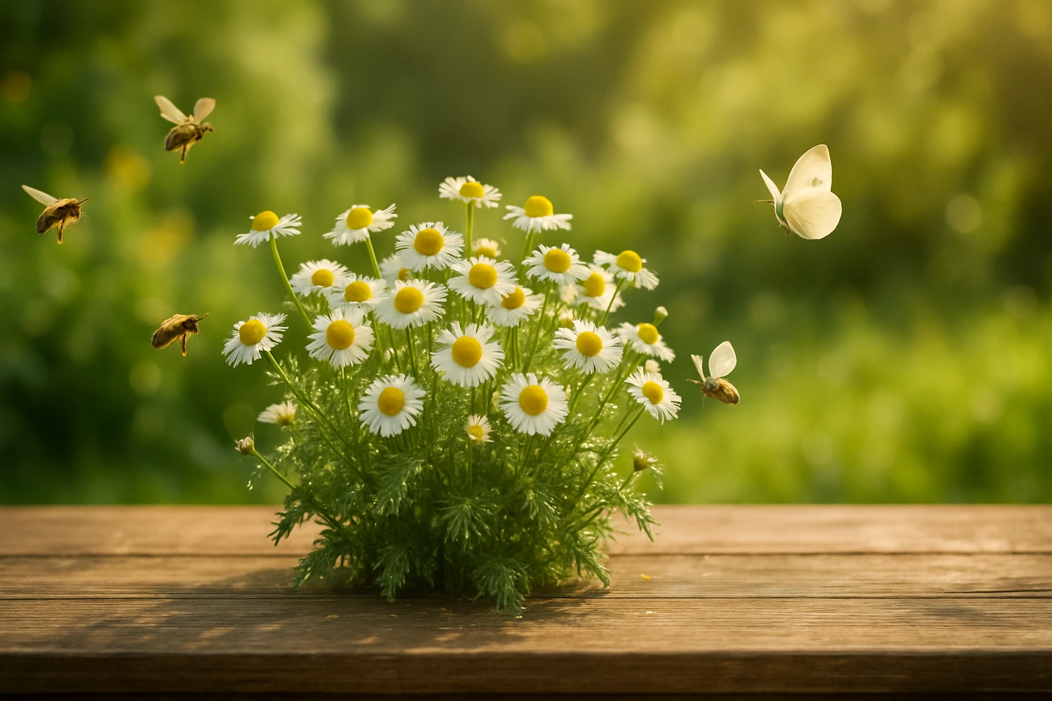 Egy csokor margaréta virág, körülötte méhek és egy pillangó repked.