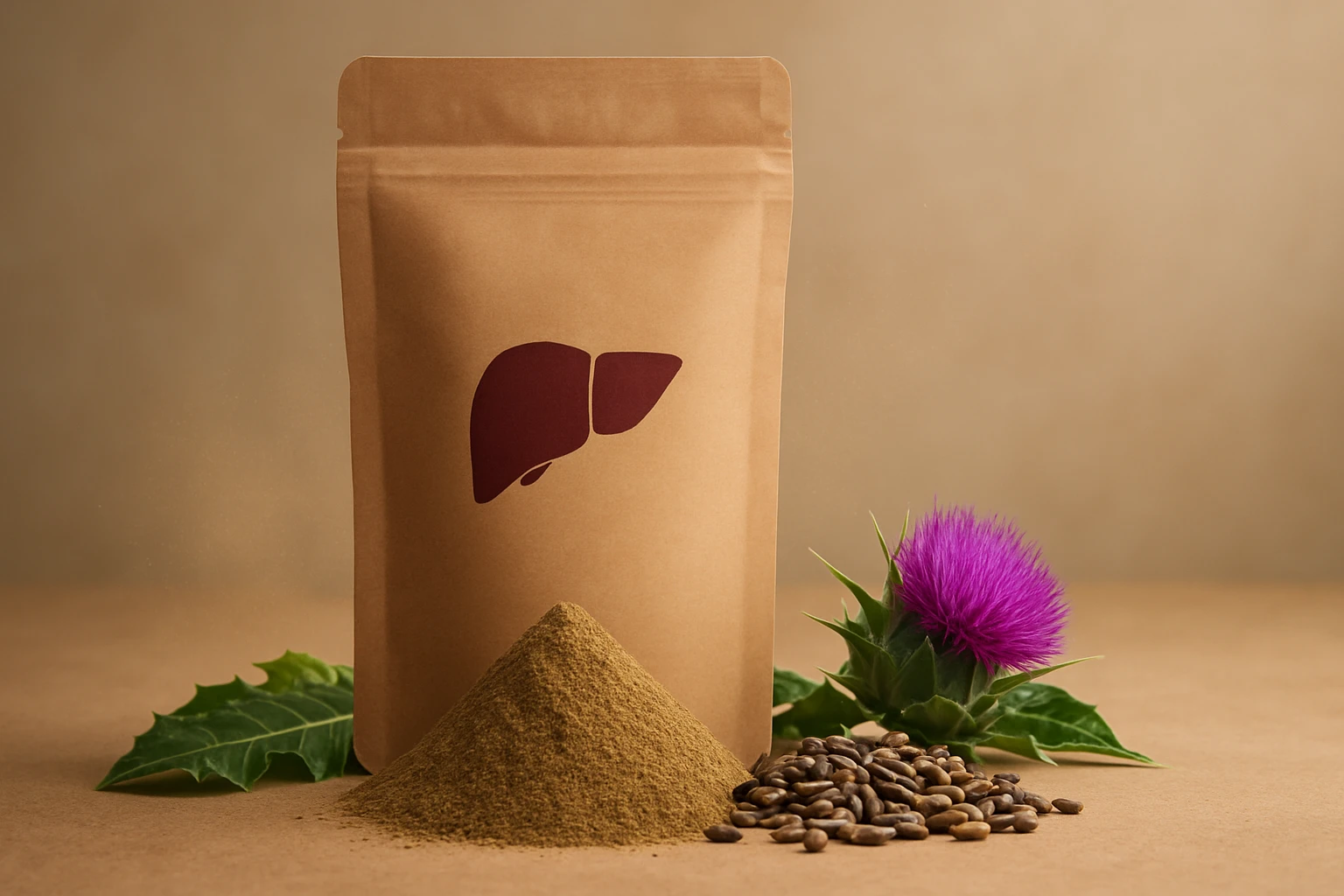 Egy barna csomagolású por, mellette máriatövis magok és virágok.