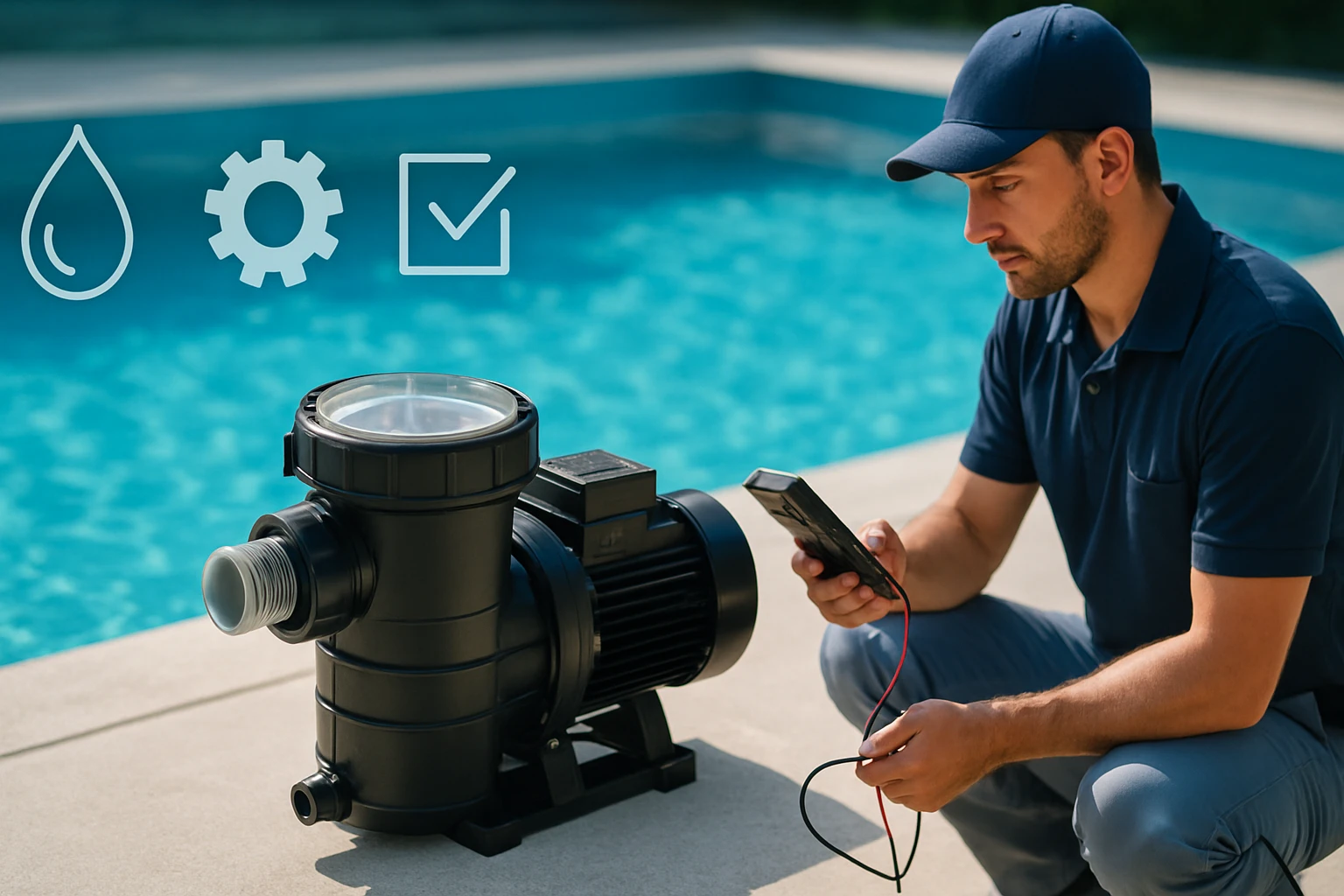 Egy férfi egy medence szélén áll, és egy szivattyút ellenőriz.