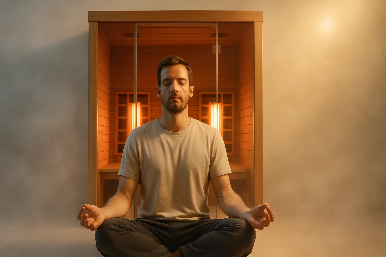 Egy férfi meditál egy szaunában, nyugodt légkörben.