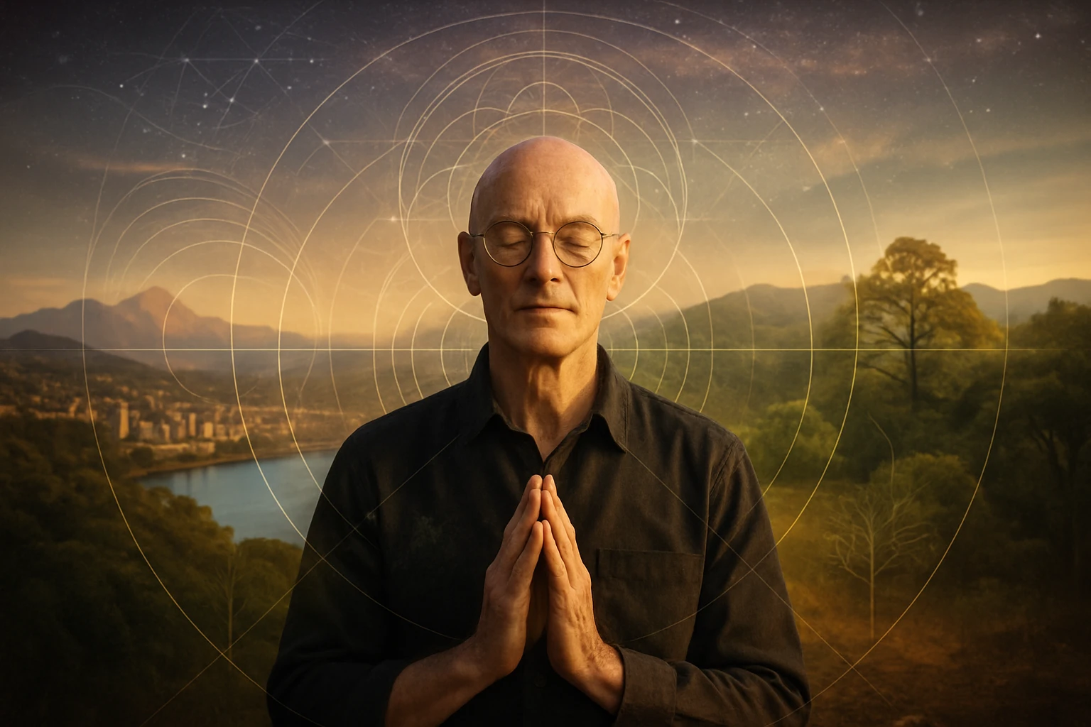 Egy férfi meditál a természetben, kezét imádságos helyzetben tartja.