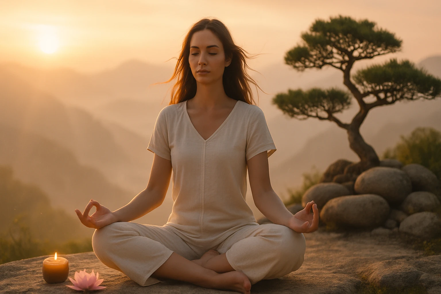 Egy nő meditál a hegyekben, háttérben naplementével és egy fenyőfával.